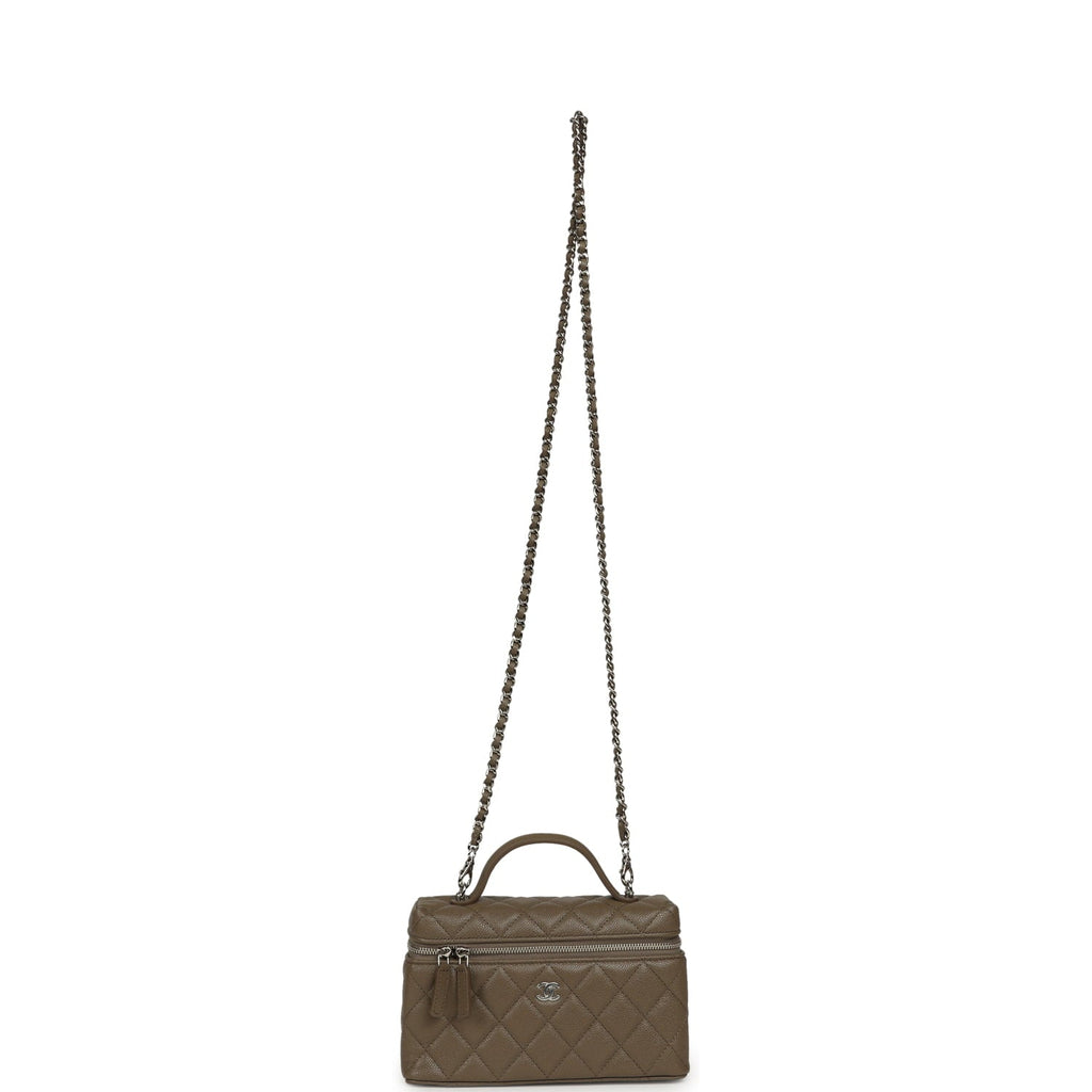 Chanel Chevron Top Handle Long Vanity Case with Chain Dark Khaki Shiny Caviar Silver Hardware