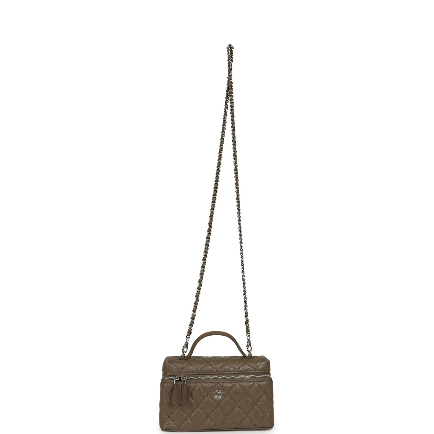 Chanel Chevron Top Handle Long Vanity Case with Chain Dark Khaki Shiny Caviar Silver Hardware
