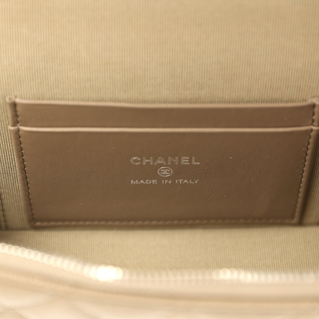 Chanel Chevron Top Handle Long Vanity Case with Chain Dark Khaki Shiny Caviar Silver Hardware