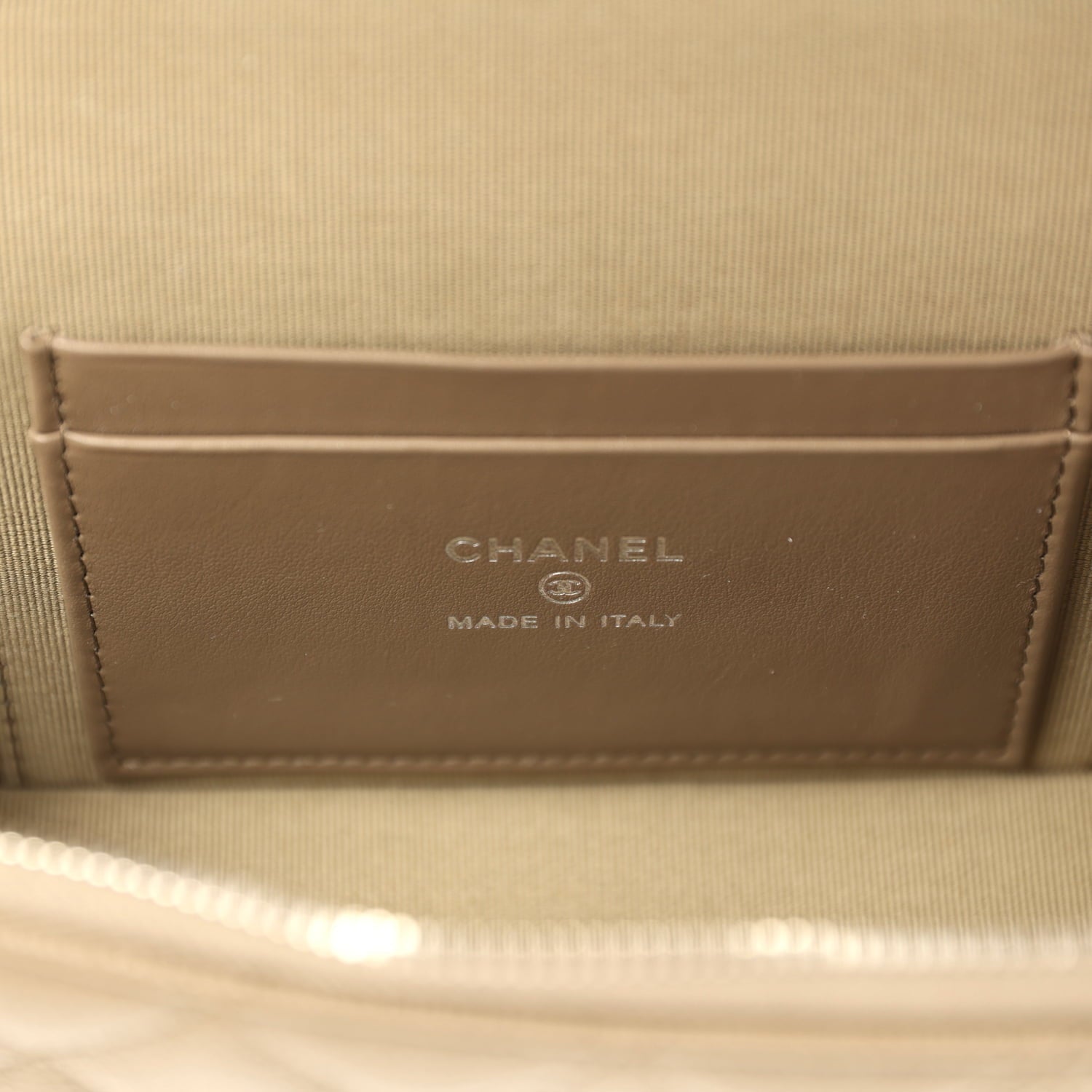 Chanel Chevron Top Handle Long Vanity Case with Chain Dark Khaki Shiny Caviar Silver Hardware