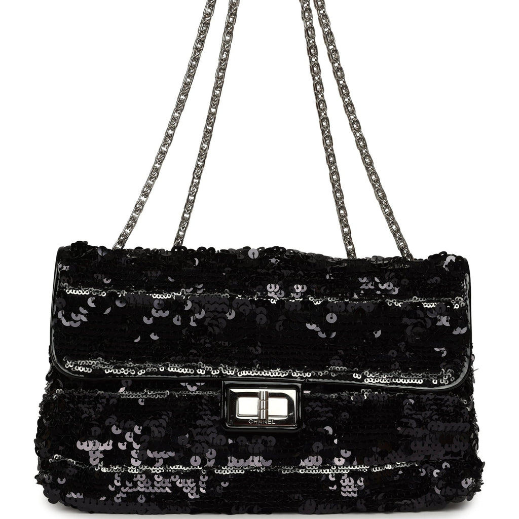 Pre-owned Chanel Medium Striped Reissue Flap Bag Black, Silver Sequin and Patent Silver Hardware