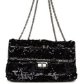 Pre-owned Chanel Medium Striped Reissue Flap Bag Black, Silver Sequin and Patent Silver Hardware