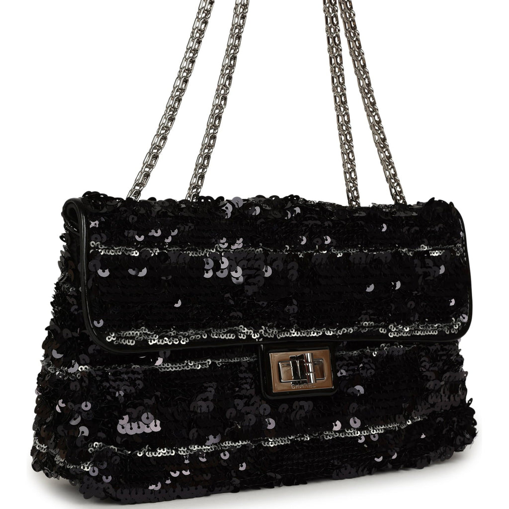 Pre-owned Chanel Medium Striped Reissue Flap Bag Black, Silver Sequin and Patent Silver Hardware