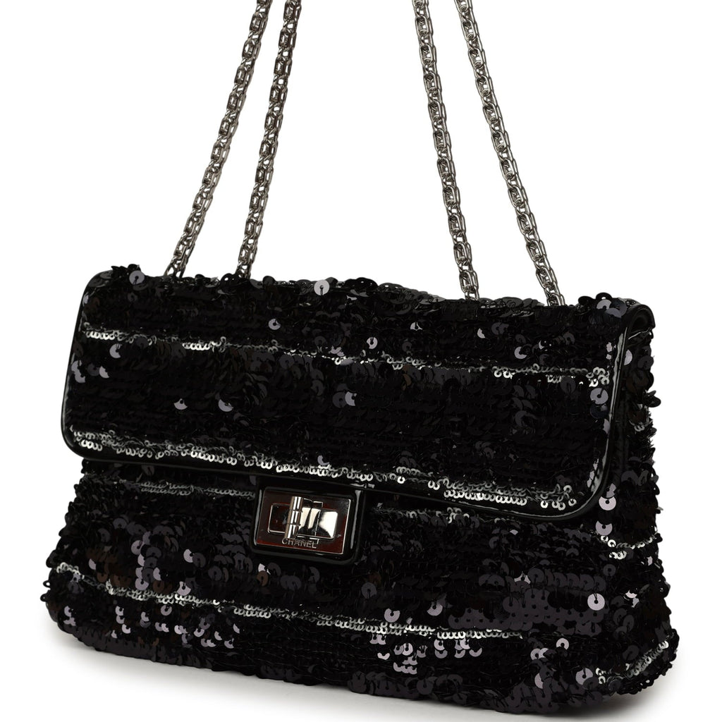 Pre-owned Chanel Medium Striped Reissue Flap Bag Black, Silver Sequin and Patent Silver Hardware
