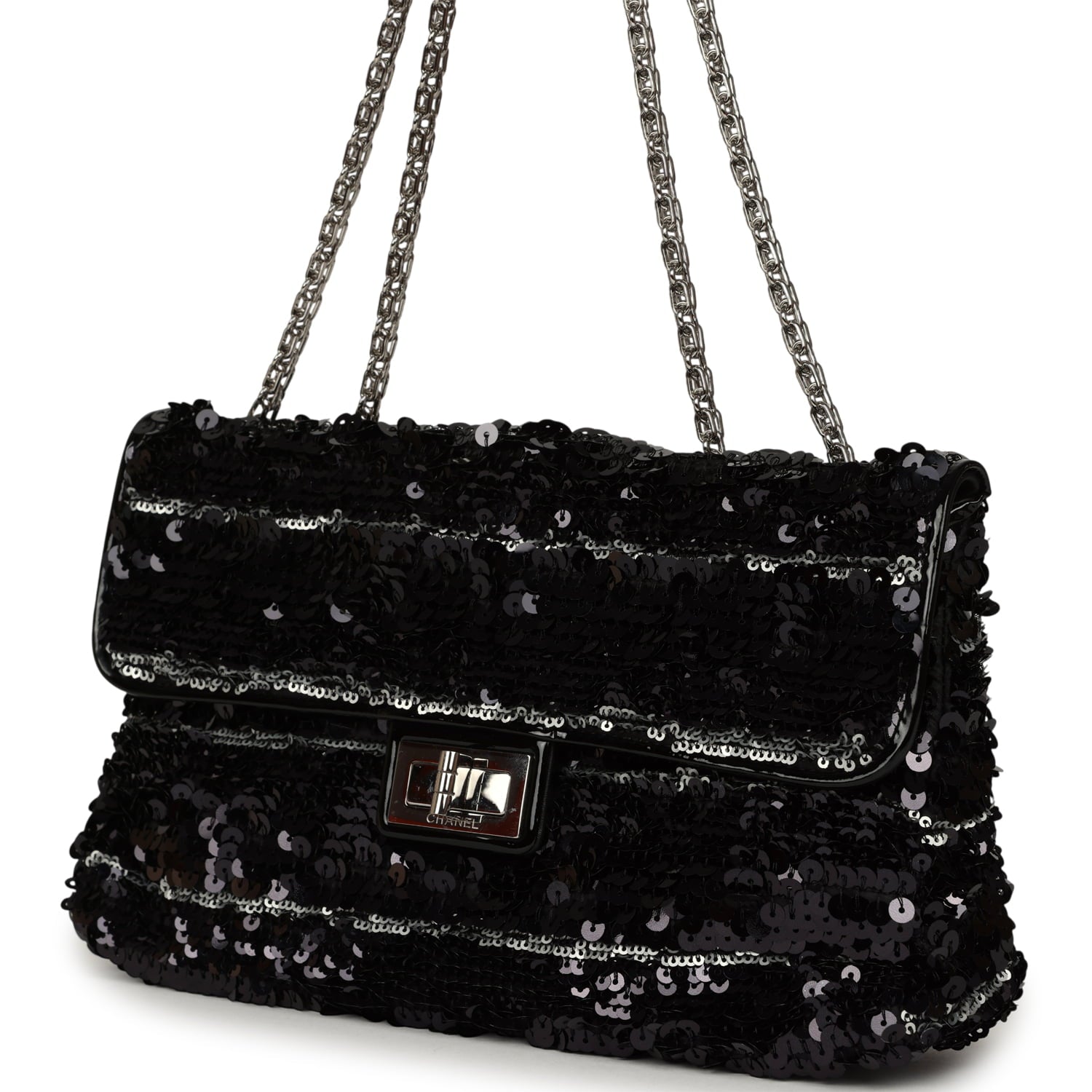 Pre-owned Chanel Medium Striped Reissue Flap Bag Black, Silver Sequin and Patent Silver Hardware