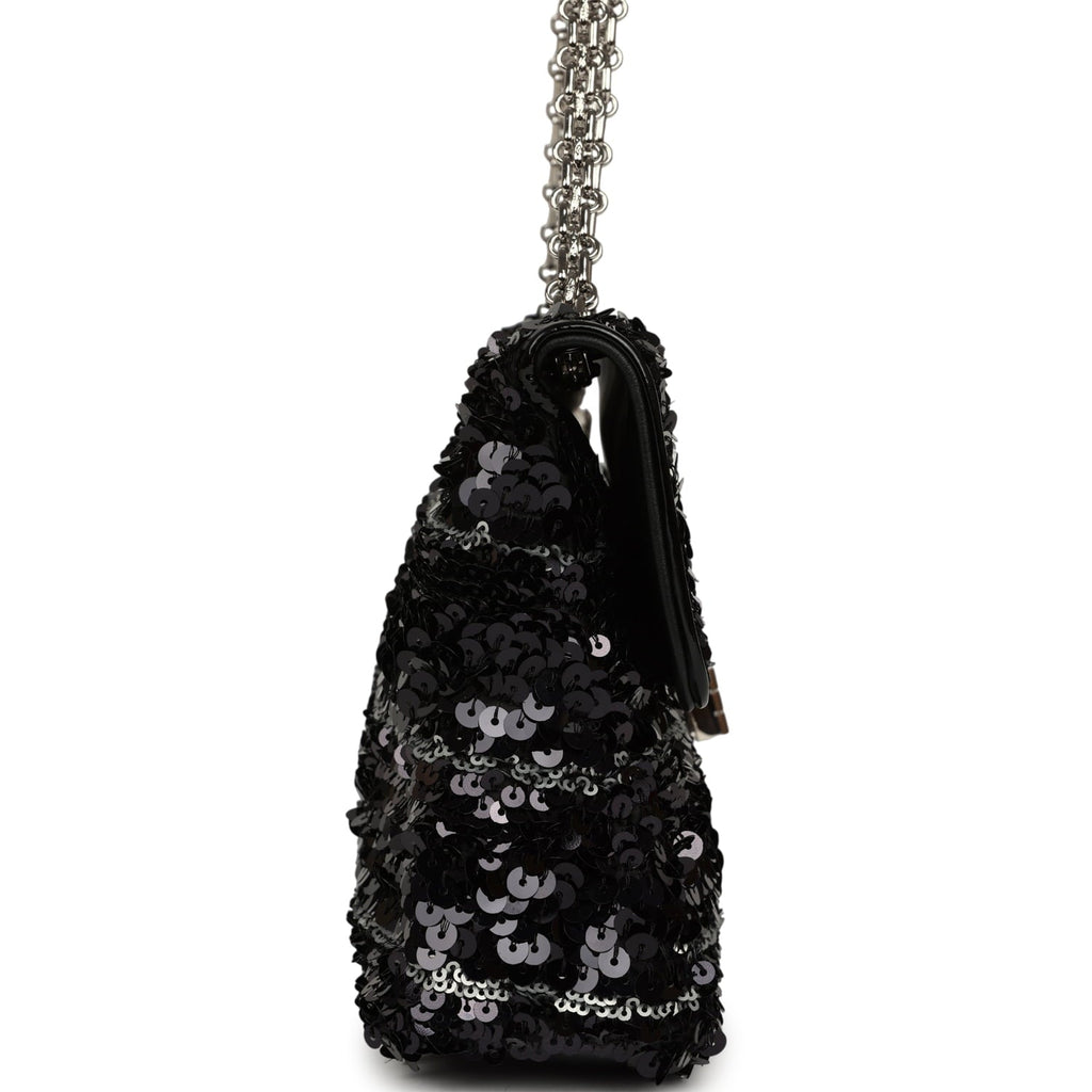 Pre-owned Chanel Medium Striped Reissue Flap Bag Black, Silver Sequin and Patent Silver Hardware
