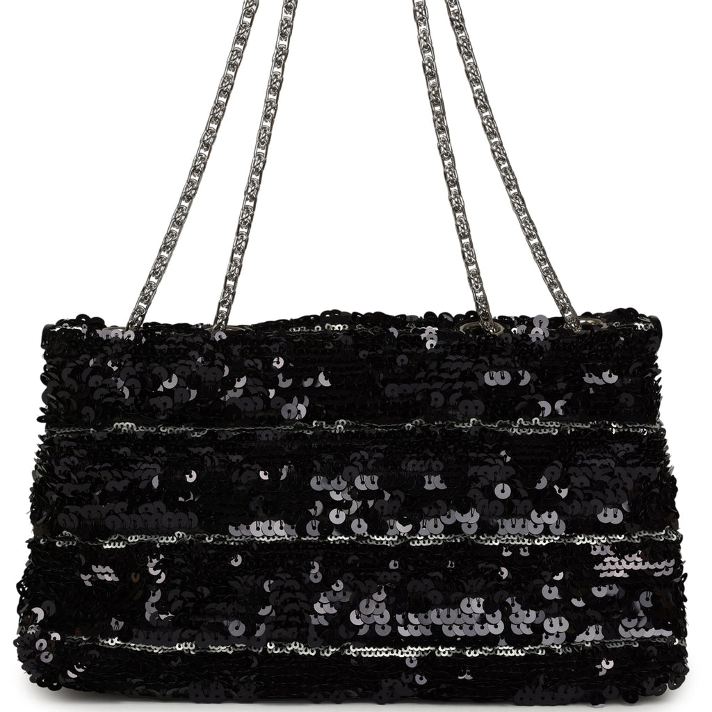 Pre-owned Chanel Medium Striped Reissue Flap Bag Black, Silver Sequin and Patent Silver Hardware