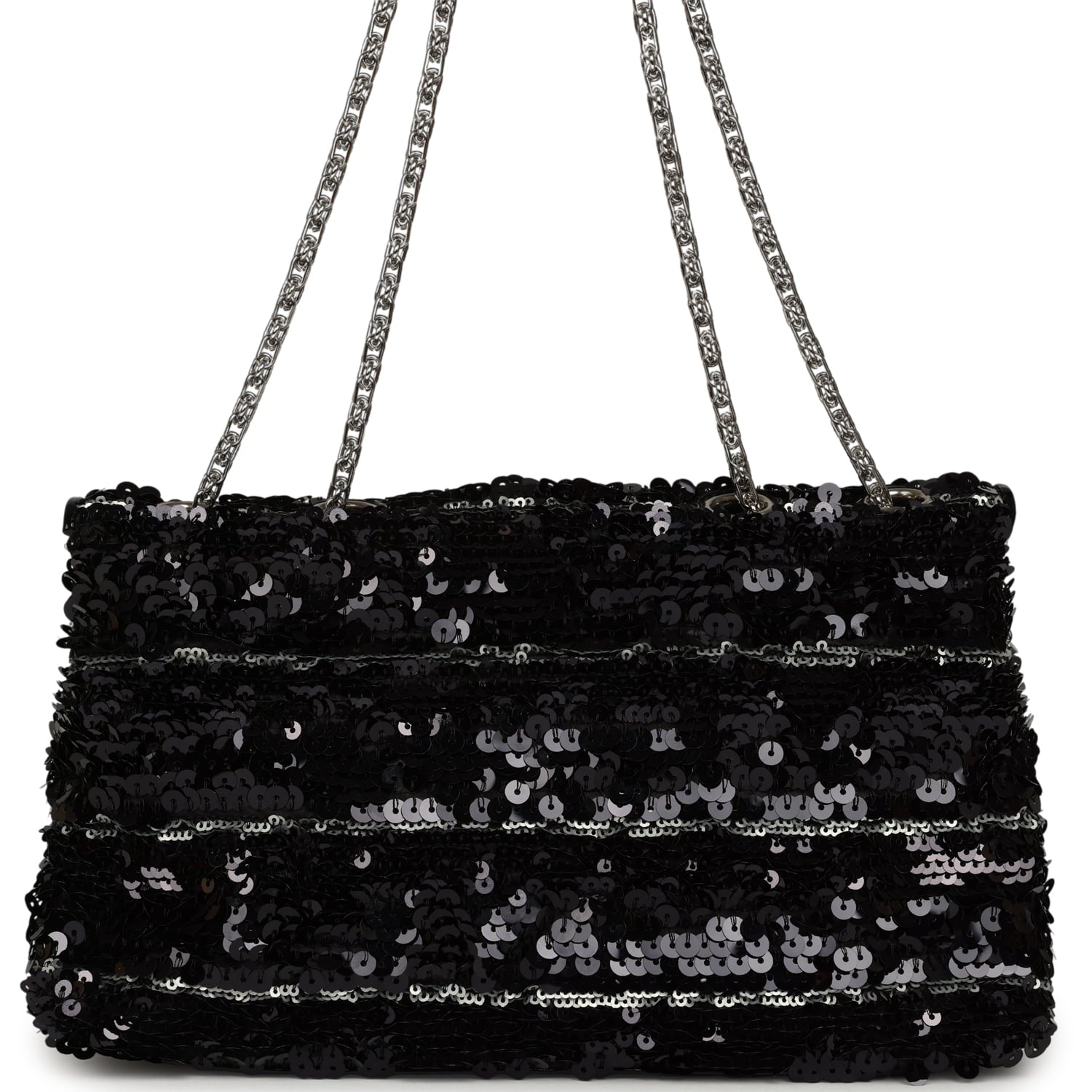 Pre-owned Chanel Medium Striped Reissue Flap Bag Black, Silver Sequin and Patent Silver Hardware