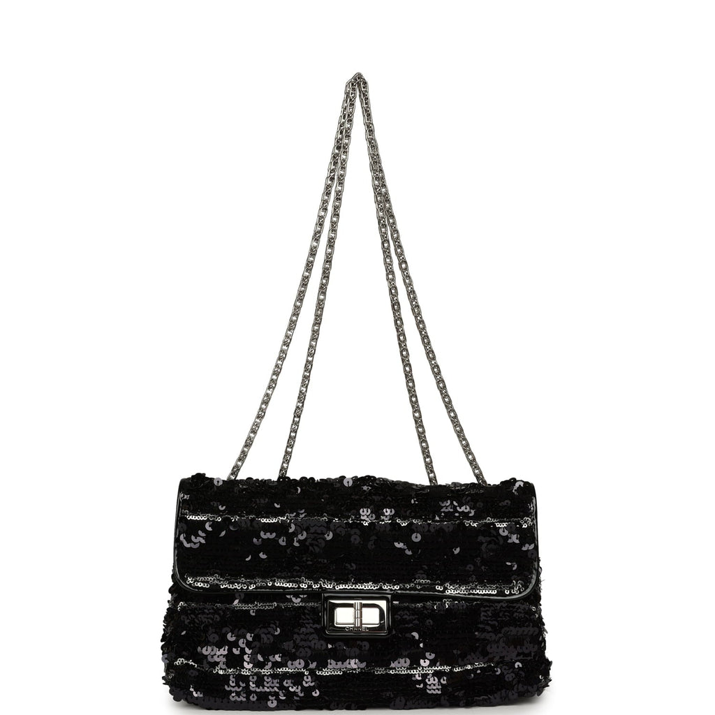 Pre-owned Chanel Medium Striped Reissue Flap Bag Black, Silver Sequin and Patent Silver Hardware