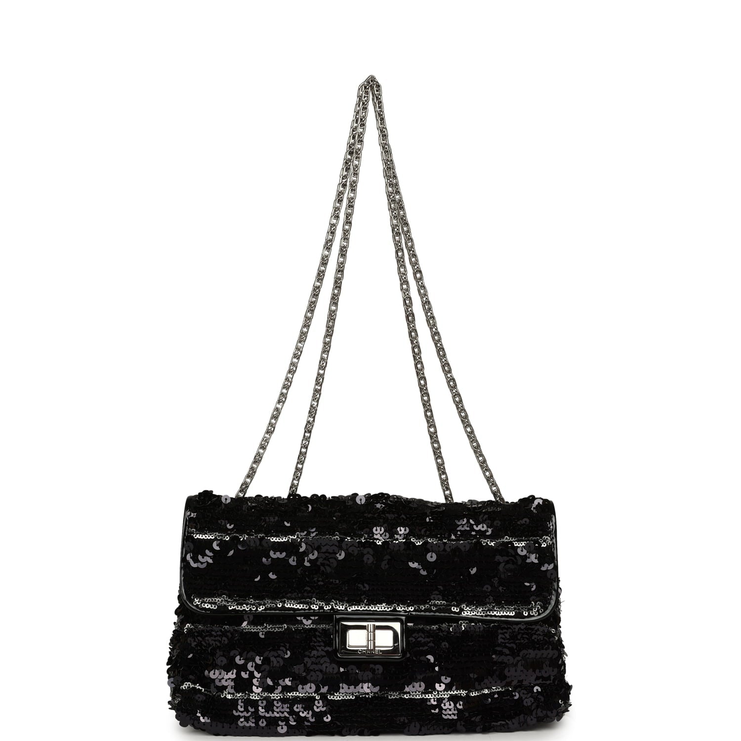 Pre-owned Chanel Medium Striped Reissue Flap Bag Black, Silver Sequin and Patent Silver Hardware