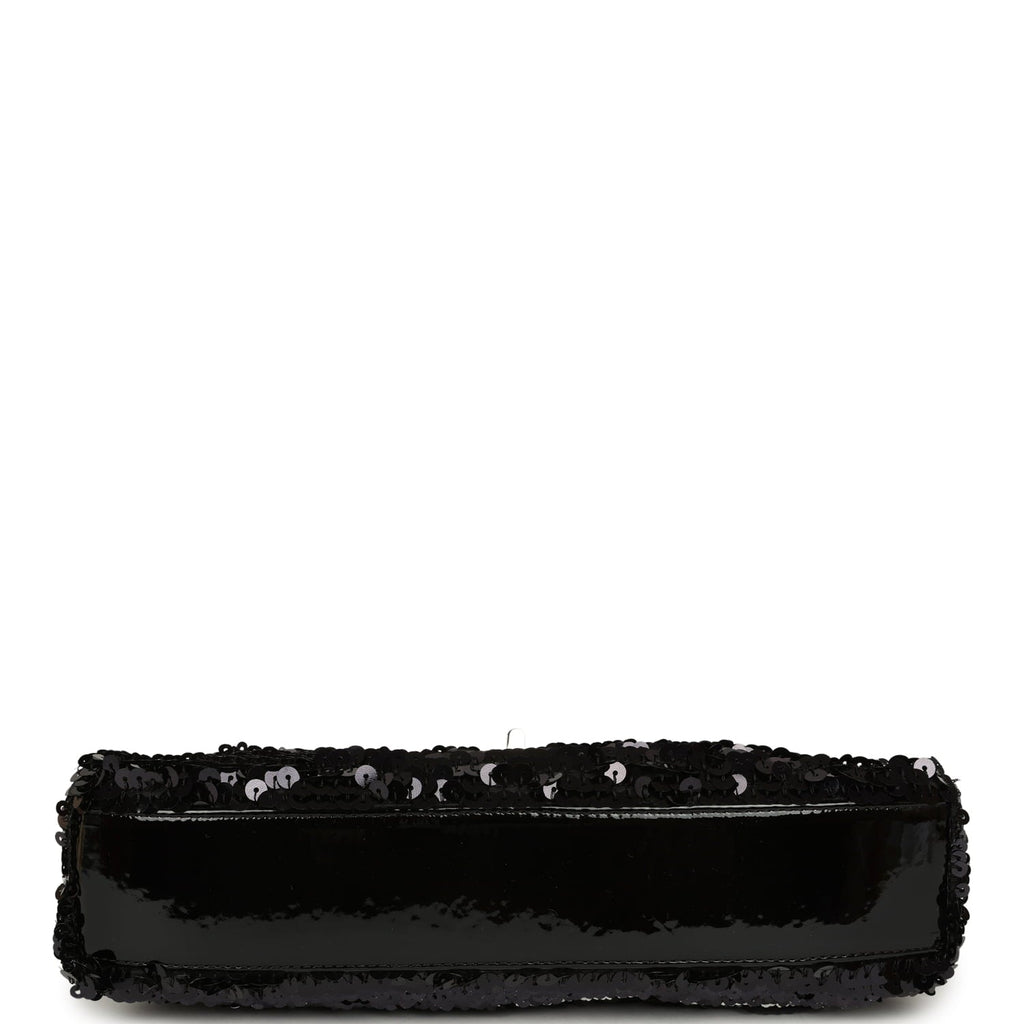 Pre-owned Chanel Medium Striped Reissue Flap Bag Black, Silver Sequin and Patent Silver Hardware