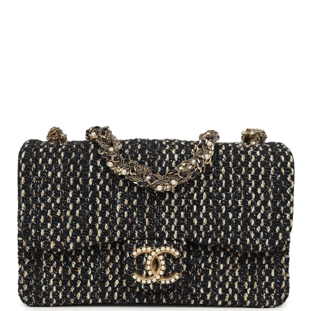 Chanel Small Westminster Pearl Flap Bag Black, Gold, White Tweed Brushed Gold Hardware