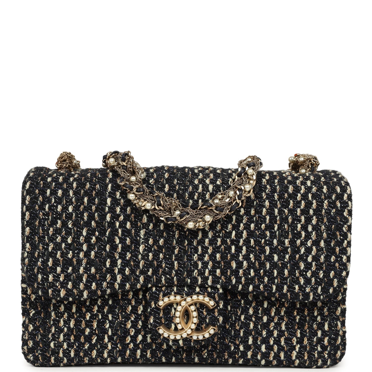 Chanel Small Westminster Pearl Flap Bag Black, Gold, White Tweed Brushed Gold Hardware