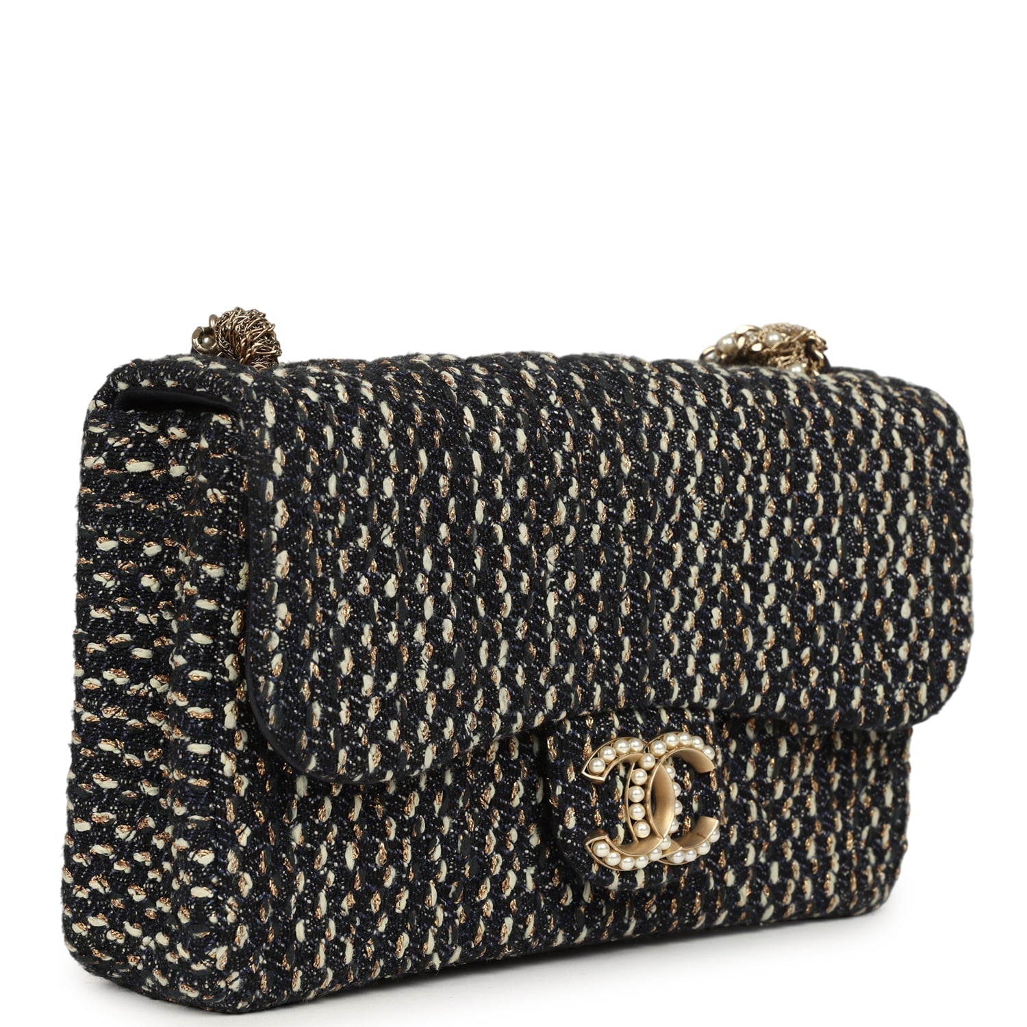 Chanel Small Westminster Pearl Flap Bag Black, Gold, White Tweed Brushed Gold Hardware