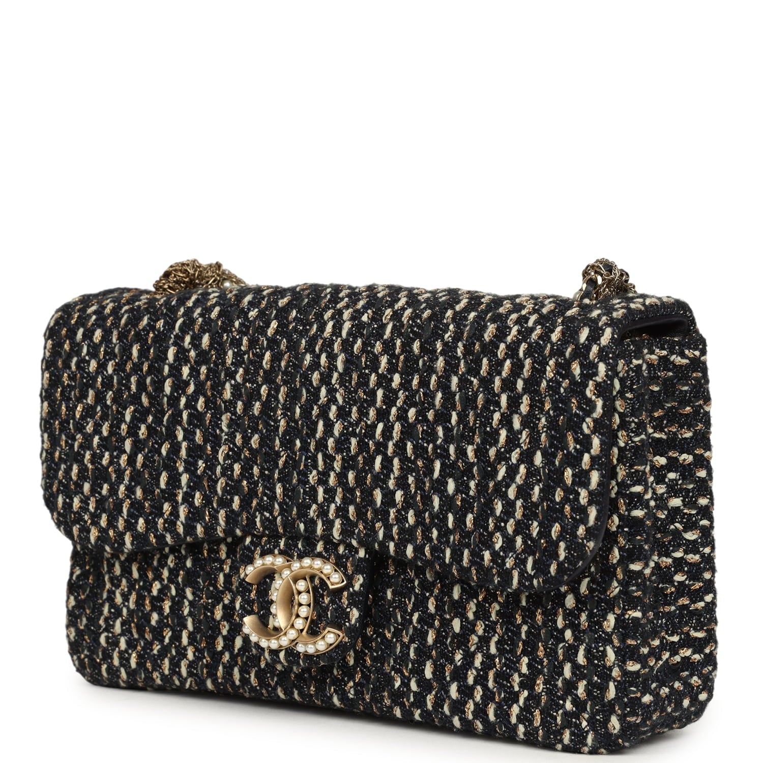 Chanel Small Westminster Pearl Flap Bag Black, Gold, White Tweed Brushed Gold Hardware