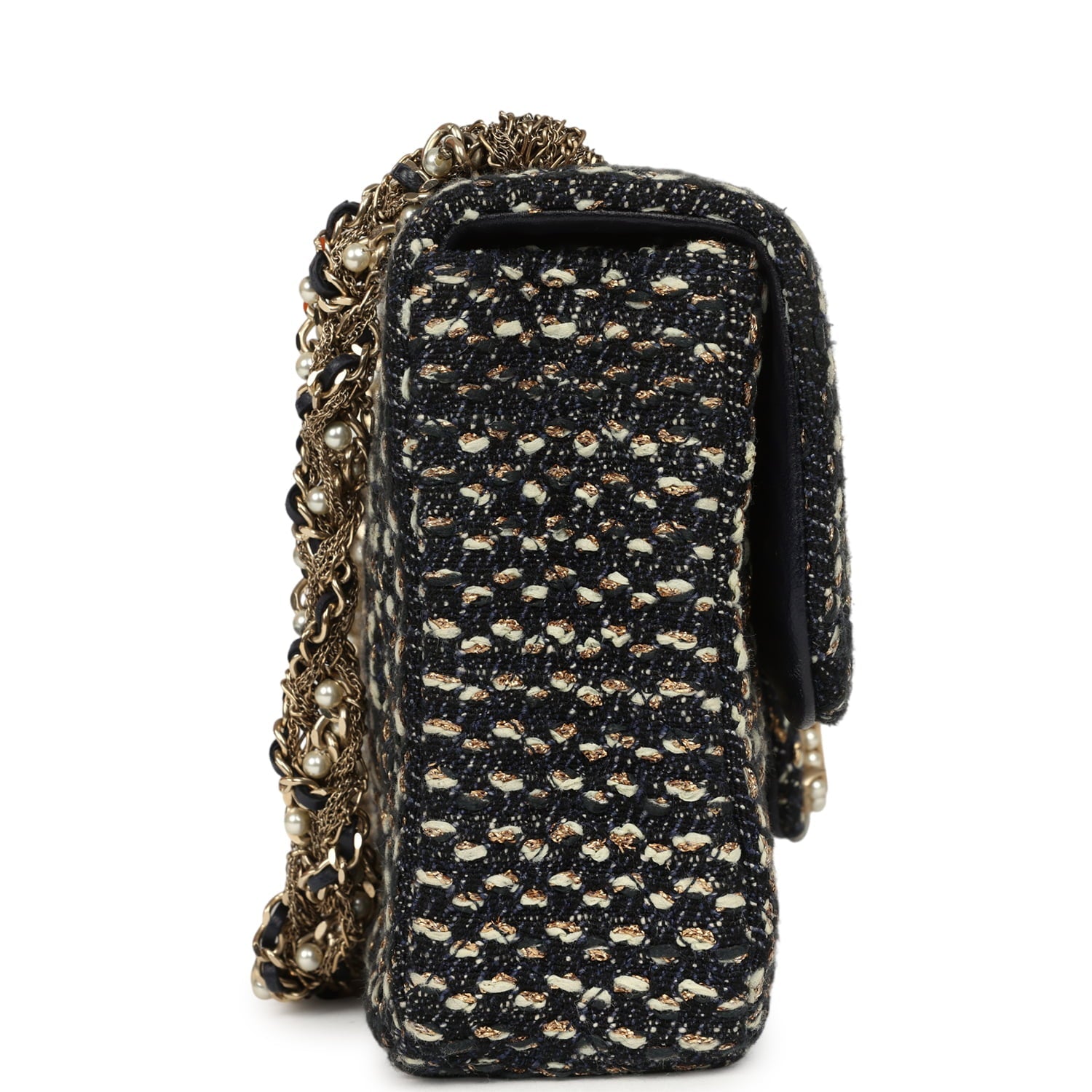 Chanel Small Westminster Pearl Flap Bag Black, Gold, White Tweed Brushed Gold Hardware