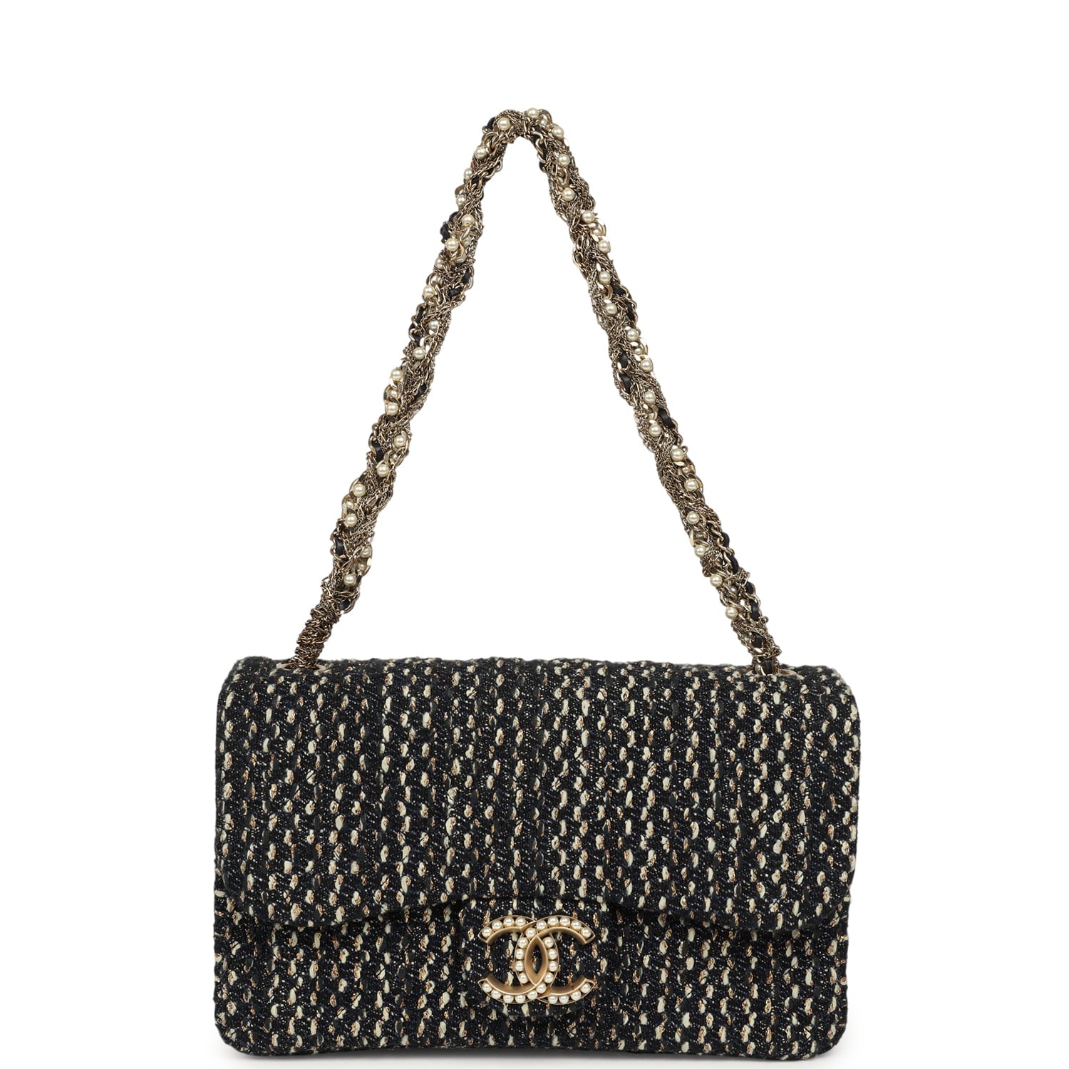 Chanel Small Westminster Pearl Flap Bag Black, Gold, White Tweed Brushed Gold Hardware