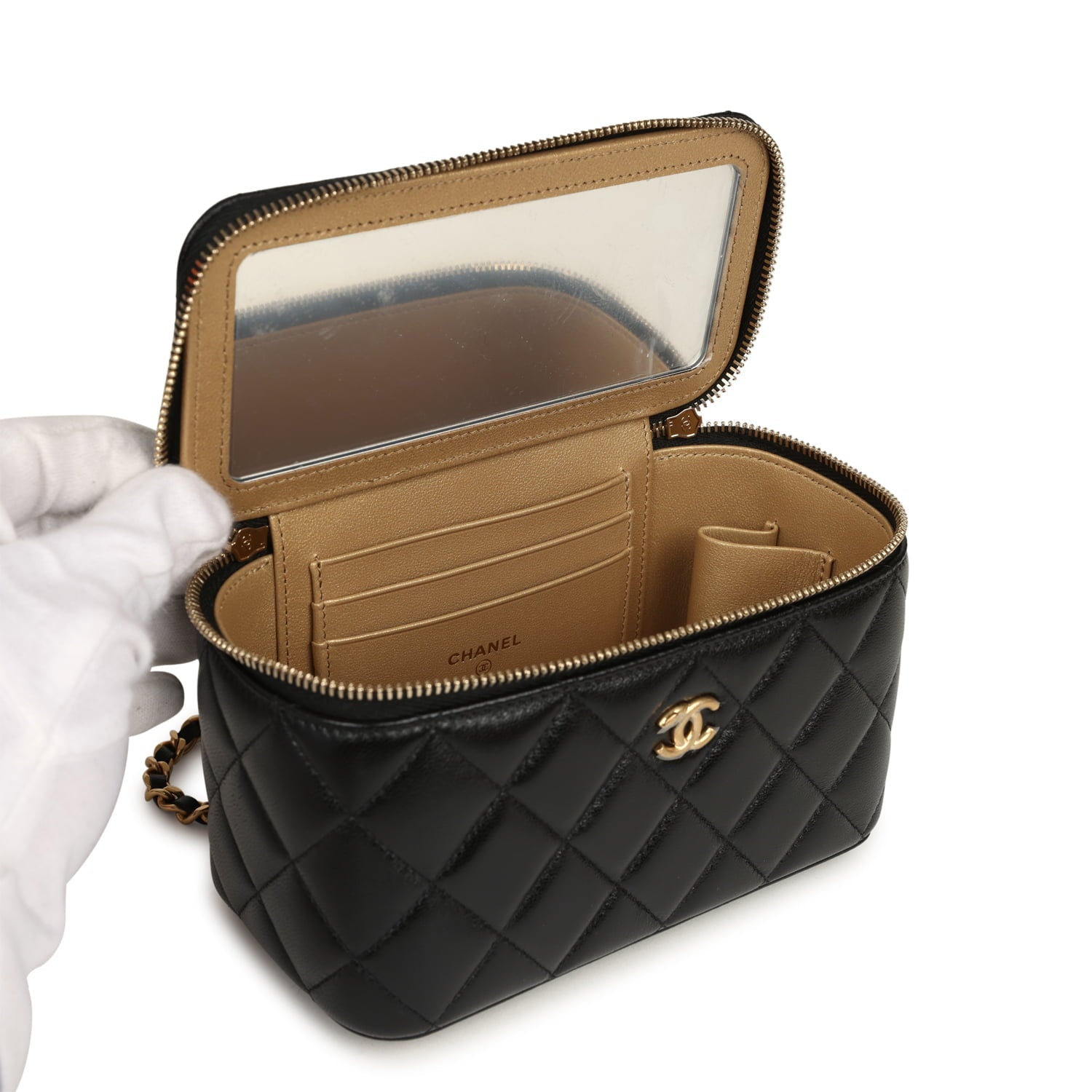 Chanel Small Pearl Crush Vanity Case Black Lambskin Brushed Gold Hardware