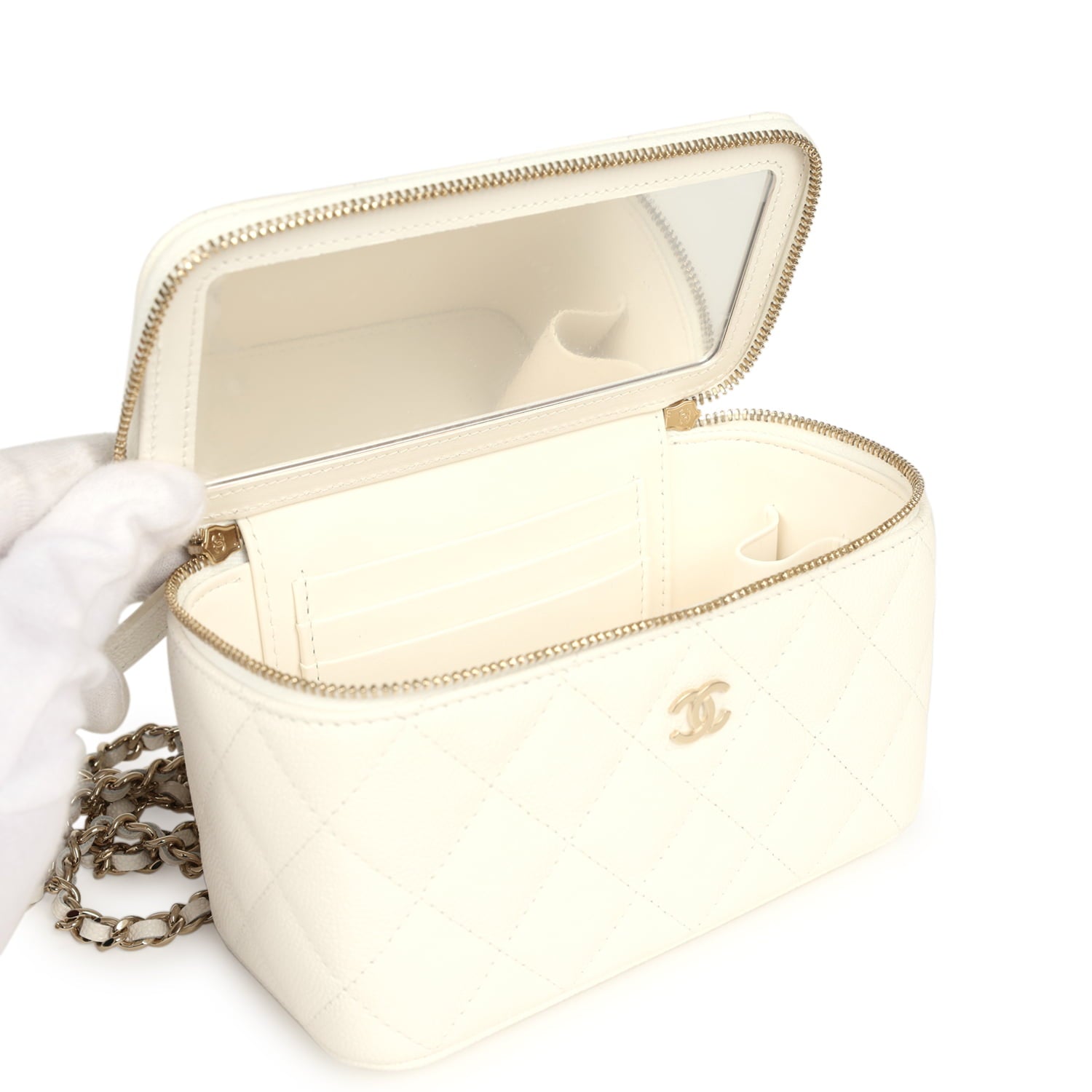 Chanel Small Vanity Case White Caviar Light Gold Hardware