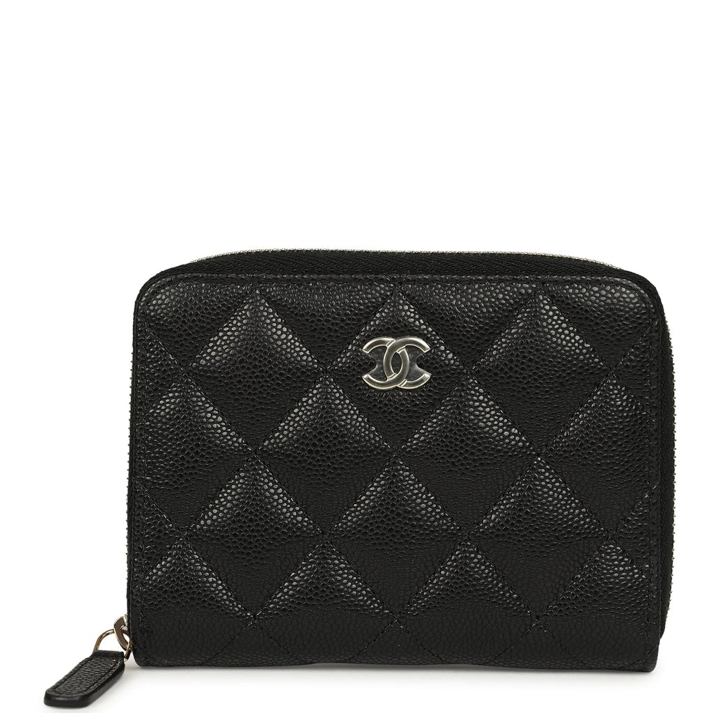 Chanel Classic Zipped Coin Purse Wallet Black Shiny Caviar Light Gold Hardware
