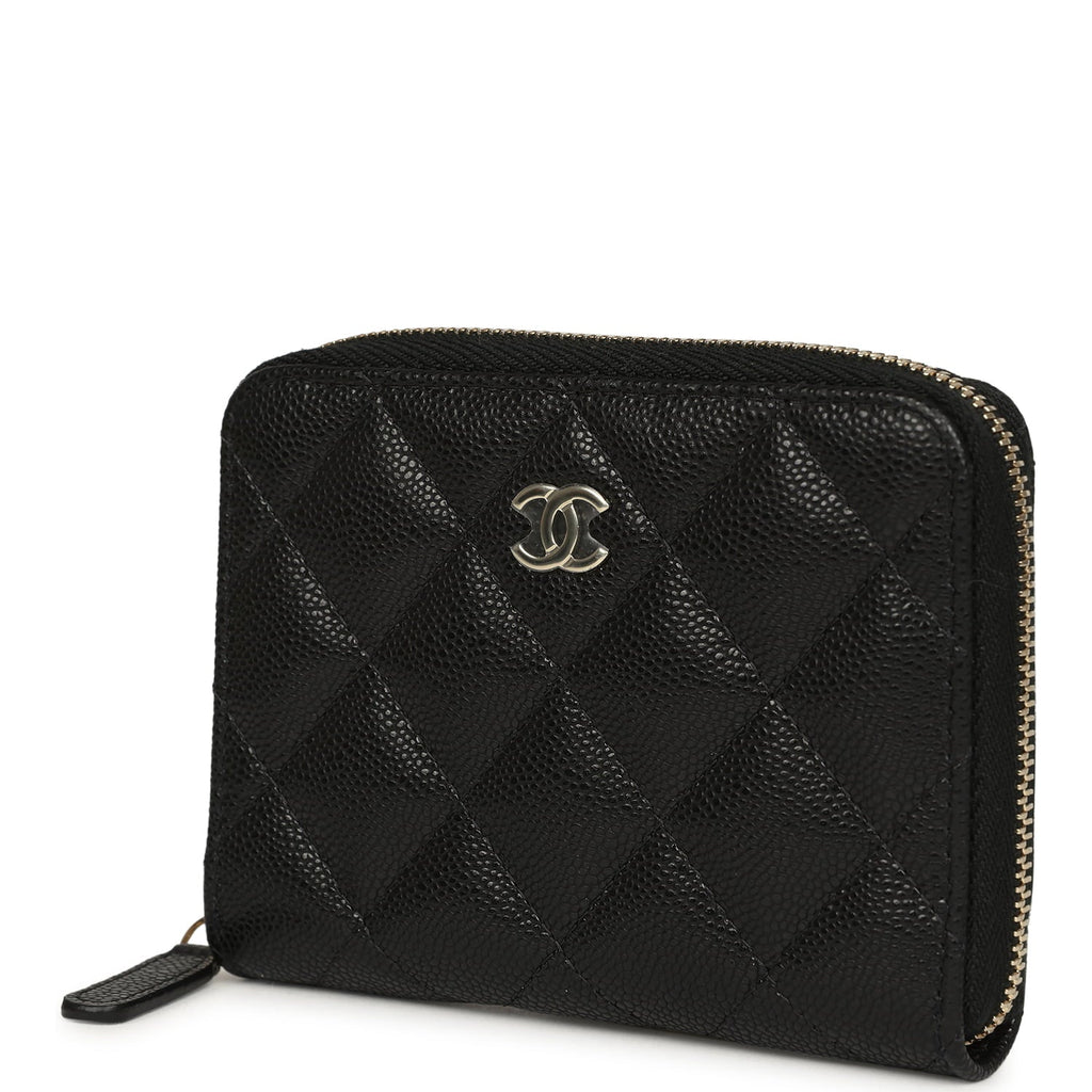 Chanel Classic Zipped Coin Purse Wallet Black Shiny Caviar Light Gold Hardware