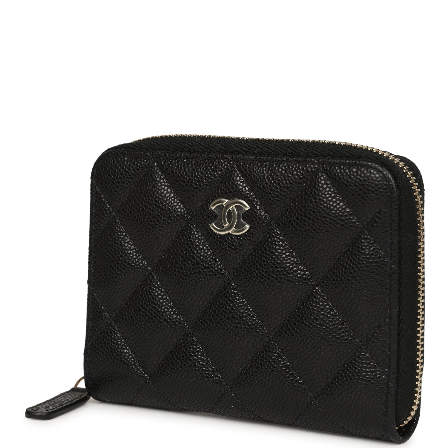 Chanel Classic Zipped Coin Purse Wallet Black Shiny Caviar Light Gold Hardware