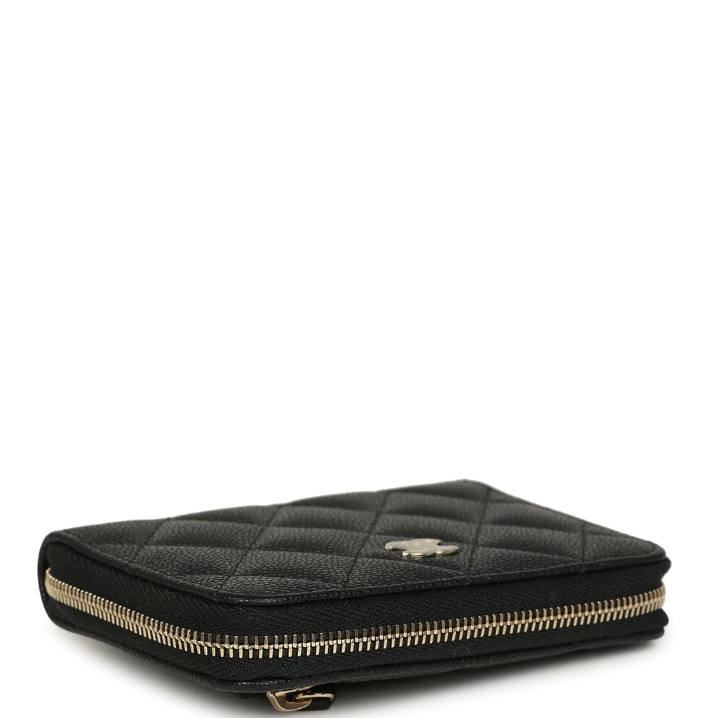 Chanel Classic Zipped Coin Purse Wallet Black Shiny Caviar Light Gold Hardware