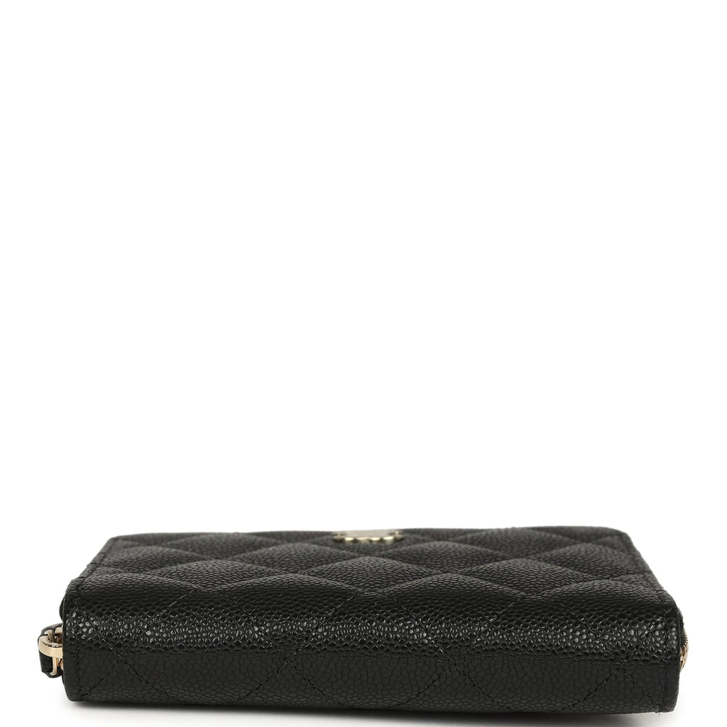 Chanel Classic Zipped Coin Purse Wallet Black Shiny Caviar Light Gold Hardware