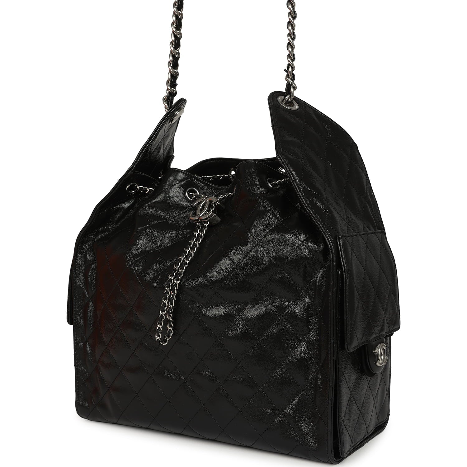 Chanel Medium 25 Hobo Bag Black Shiny Crumpled Calfskin Mixed Silver Hardware