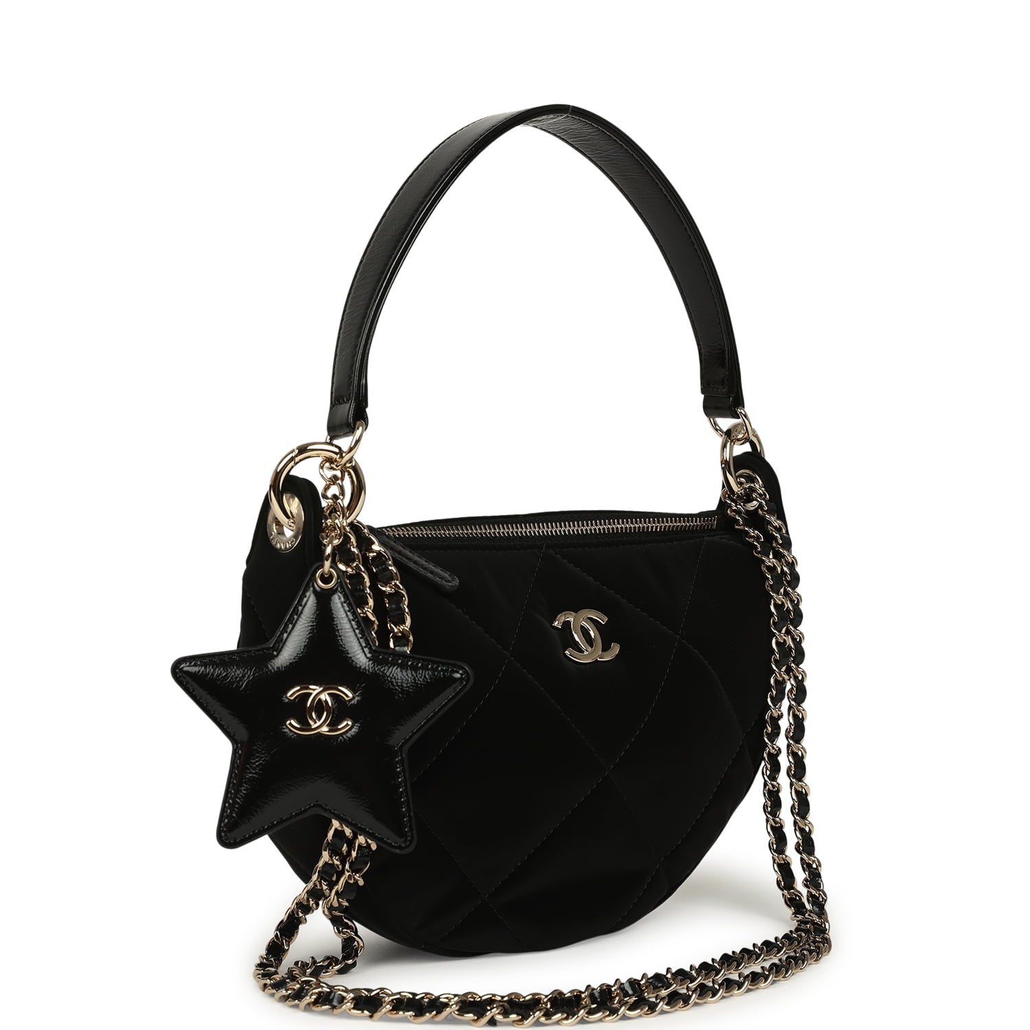 Chanel Coco Neige Clutch with Chain Black Velvet-Effect Nylon and Black Shiny Crumpled Calfskin Light Gold Hardware
