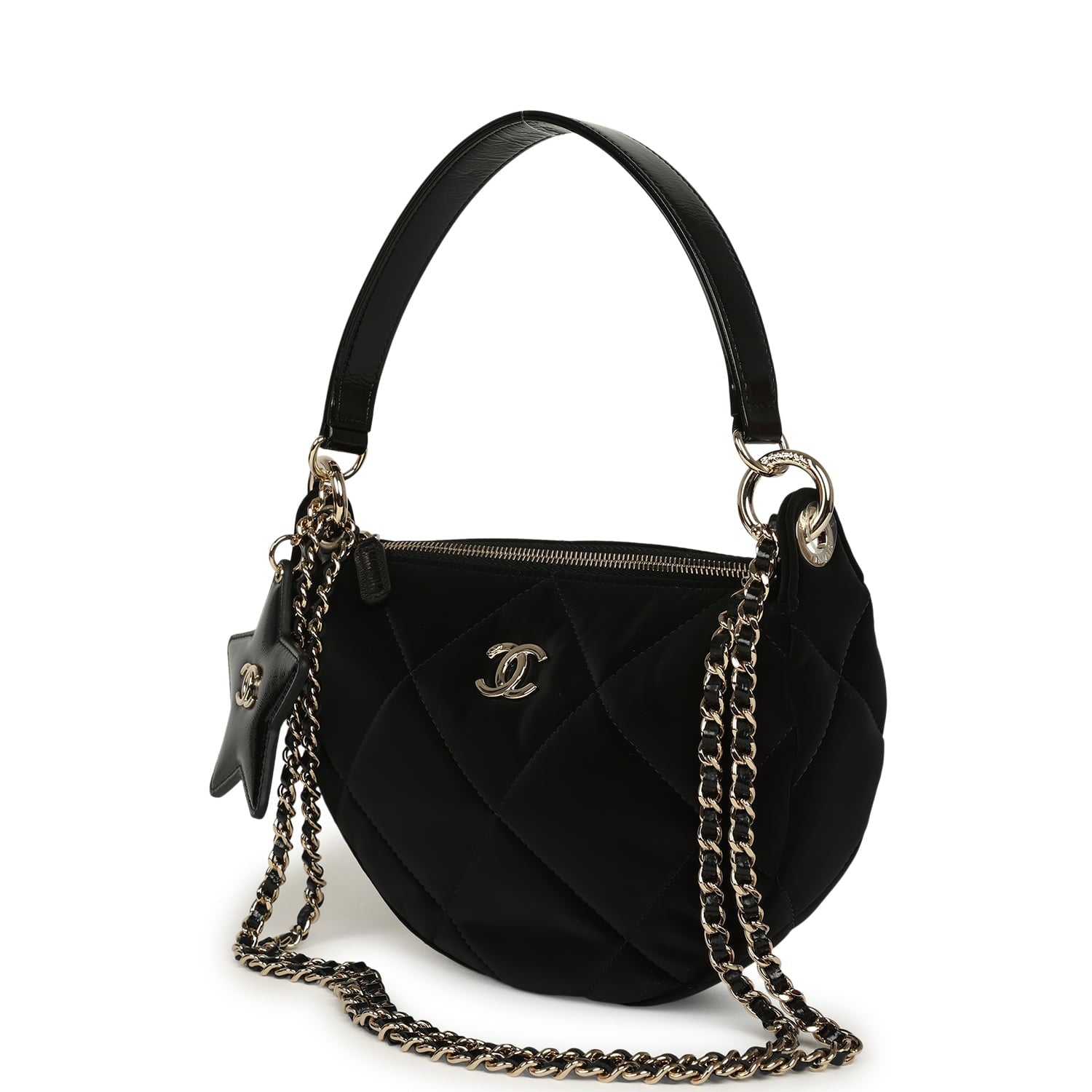 Chanel Coco Neige Clutch with Chain Black Velvet-Effect Nylon and Black Shiny Crumpled Calfskin Light Gold Hardware