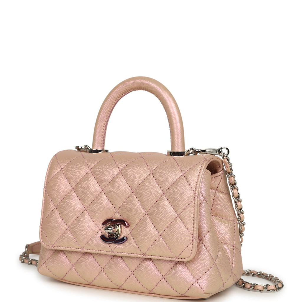 Chanel Micro Coco Top Handle Flap Iridescent Pink Shiny Caviar Mixed Metal Hardware