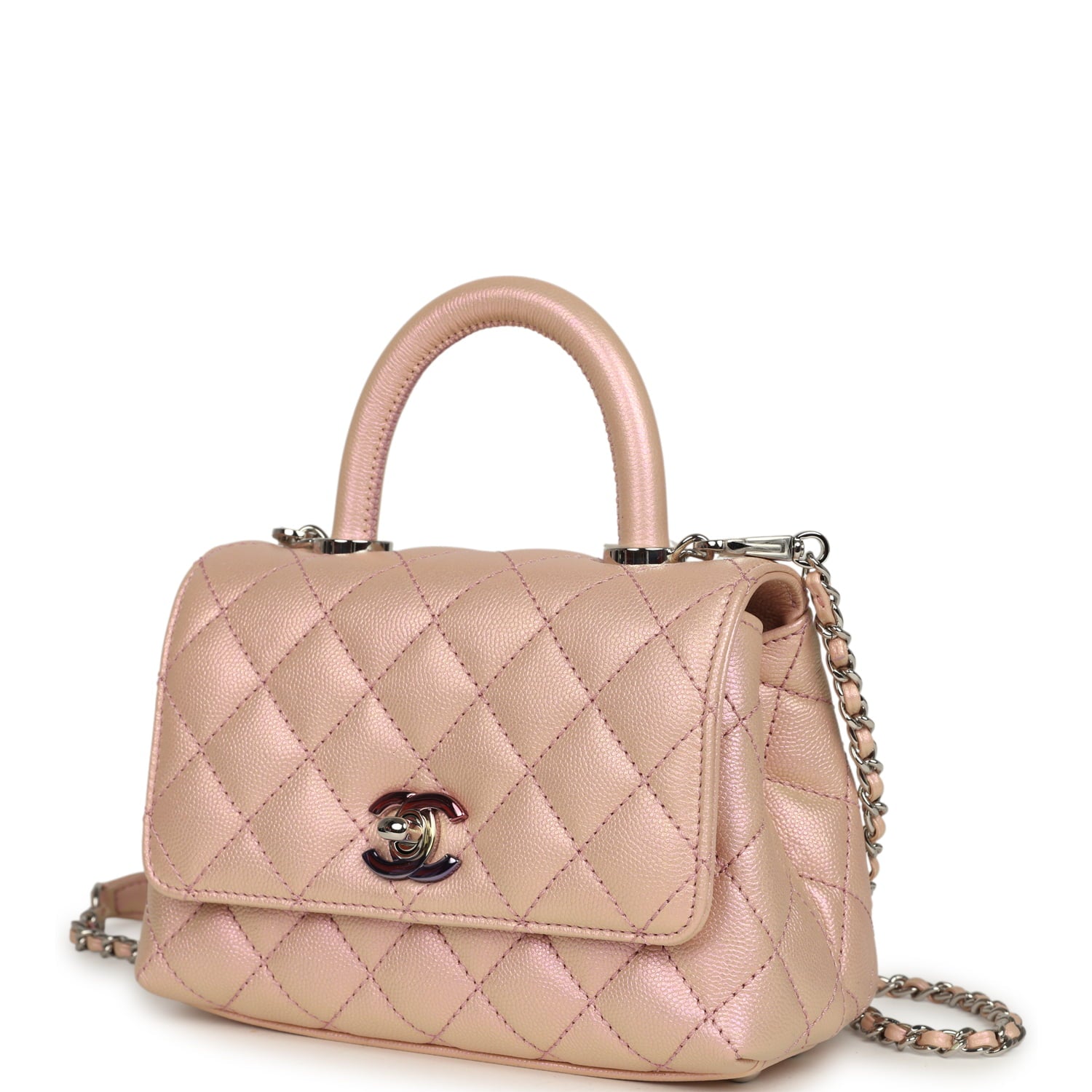 Chanel Micro Coco Top Handle Flap Iridescent Pink Shiny Caviar Mixed Metal Hardware