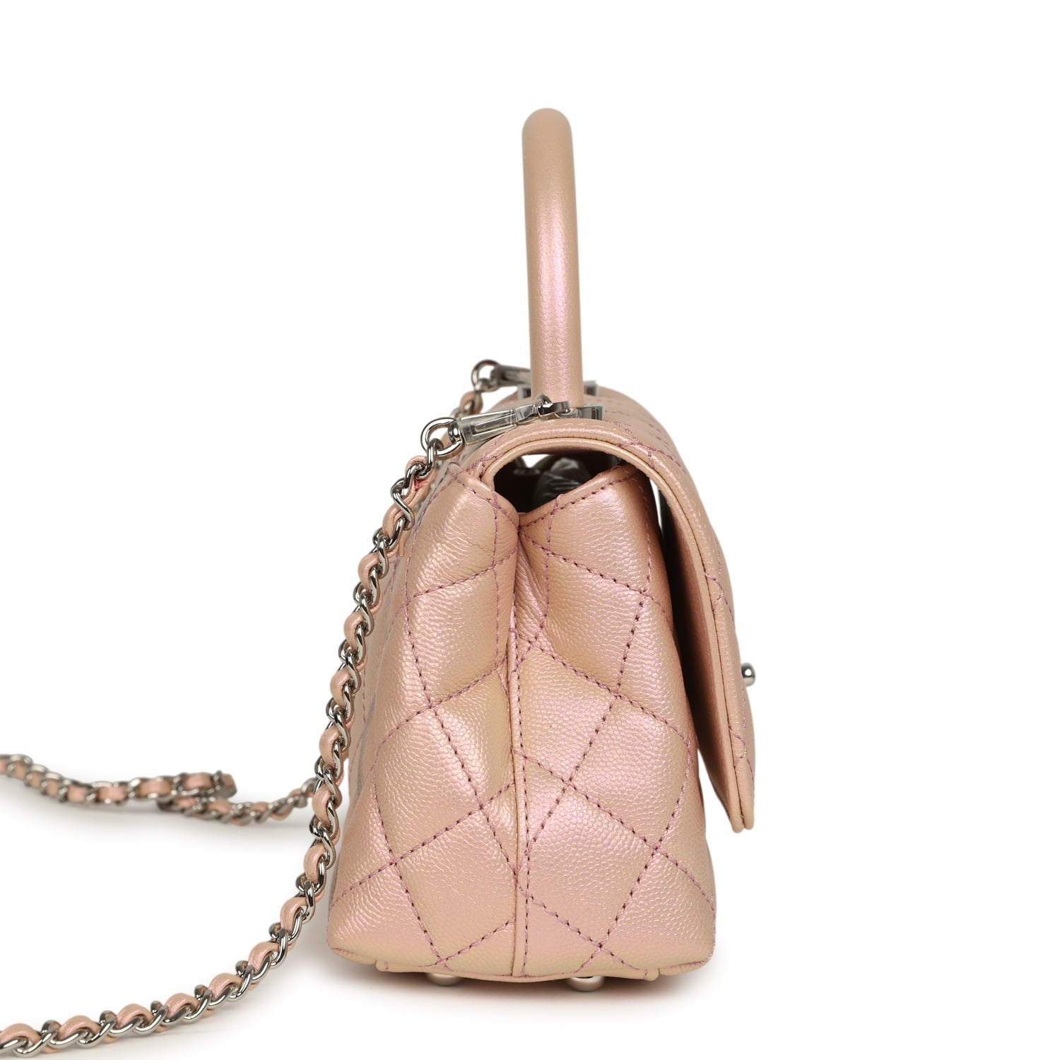 Chanel Micro Coco Top Handle Flap Iridescent Pink Shiny Caviar Mixed Metal Hardware