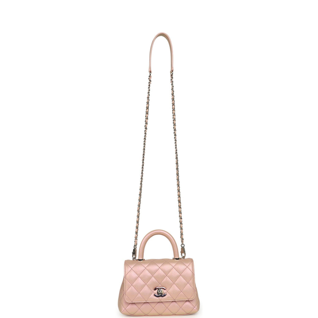 Chanel Micro Coco Top Handle Flap Iridescent Pink Shiny Caviar Mixed Metal Hardware
