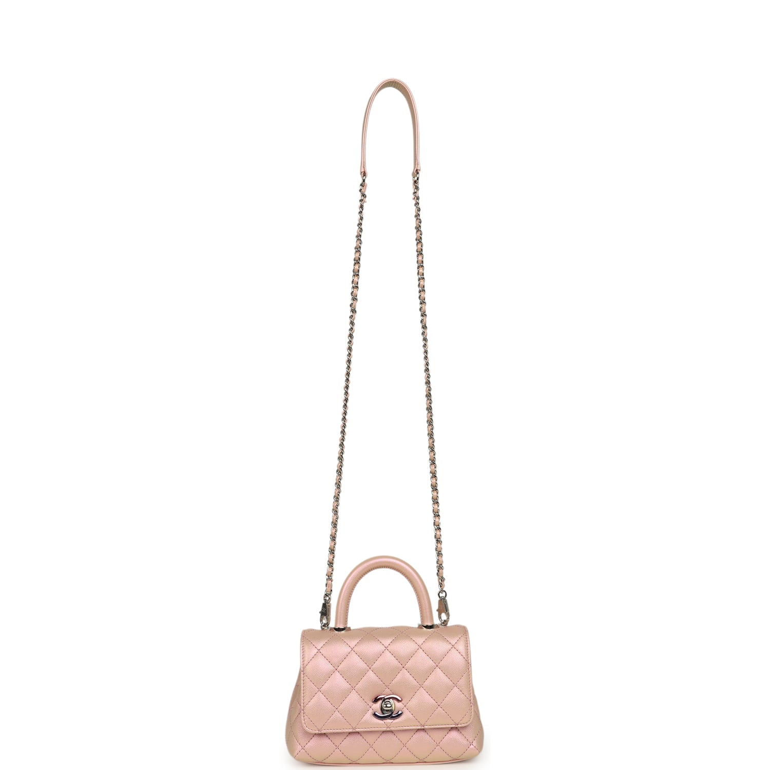 Chanel Micro Coco Top Handle Flap Iridescent Pink Shiny Caviar Mixed Metal Hardware