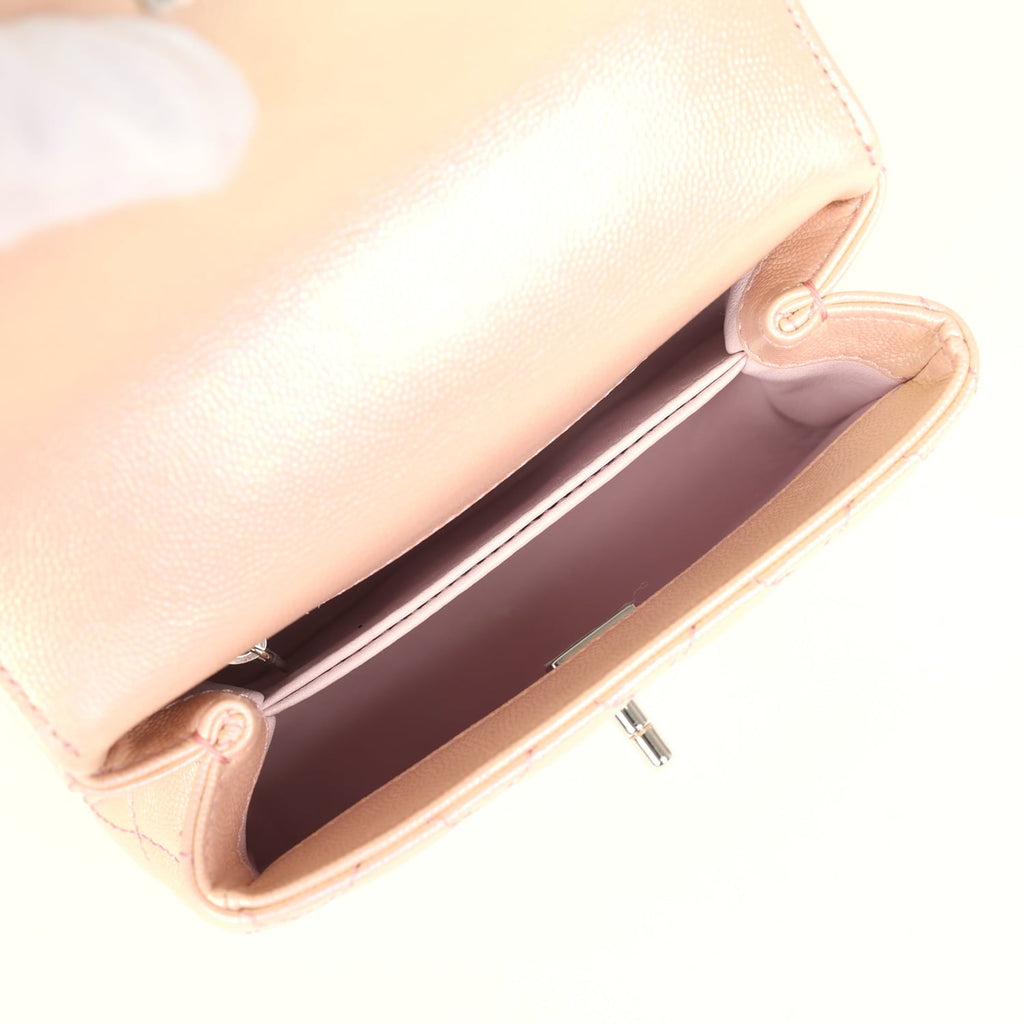 Chanel Micro Coco Top Handle Flap Iridescent Pink Shiny Caviar Mixed Metal Hardware