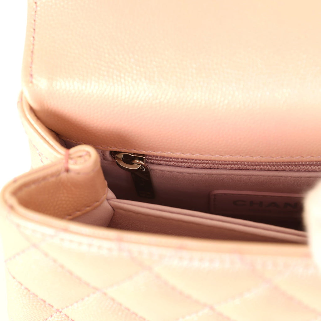 Chanel Micro Coco Top Handle Flap Iridescent Pink Shiny Caviar Mixed Metal Hardware
