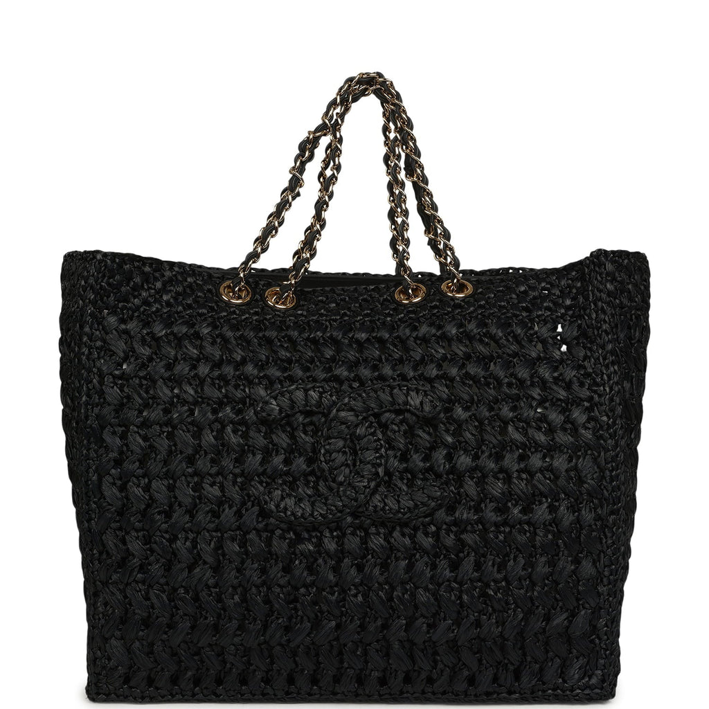 Chanel Coco Beach CC Shopping Tote Black Raffia and Calfskin Gold Hardware