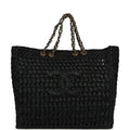 Chanel Coco Beach CC Shopping Tote Black Raffia and Calfskin Gold Hardware