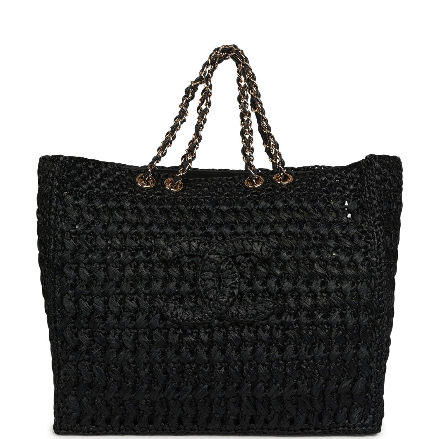 Chanel Coco Beach CC Shopping Tote Black Raffia and Calfskin Gold Hardware
