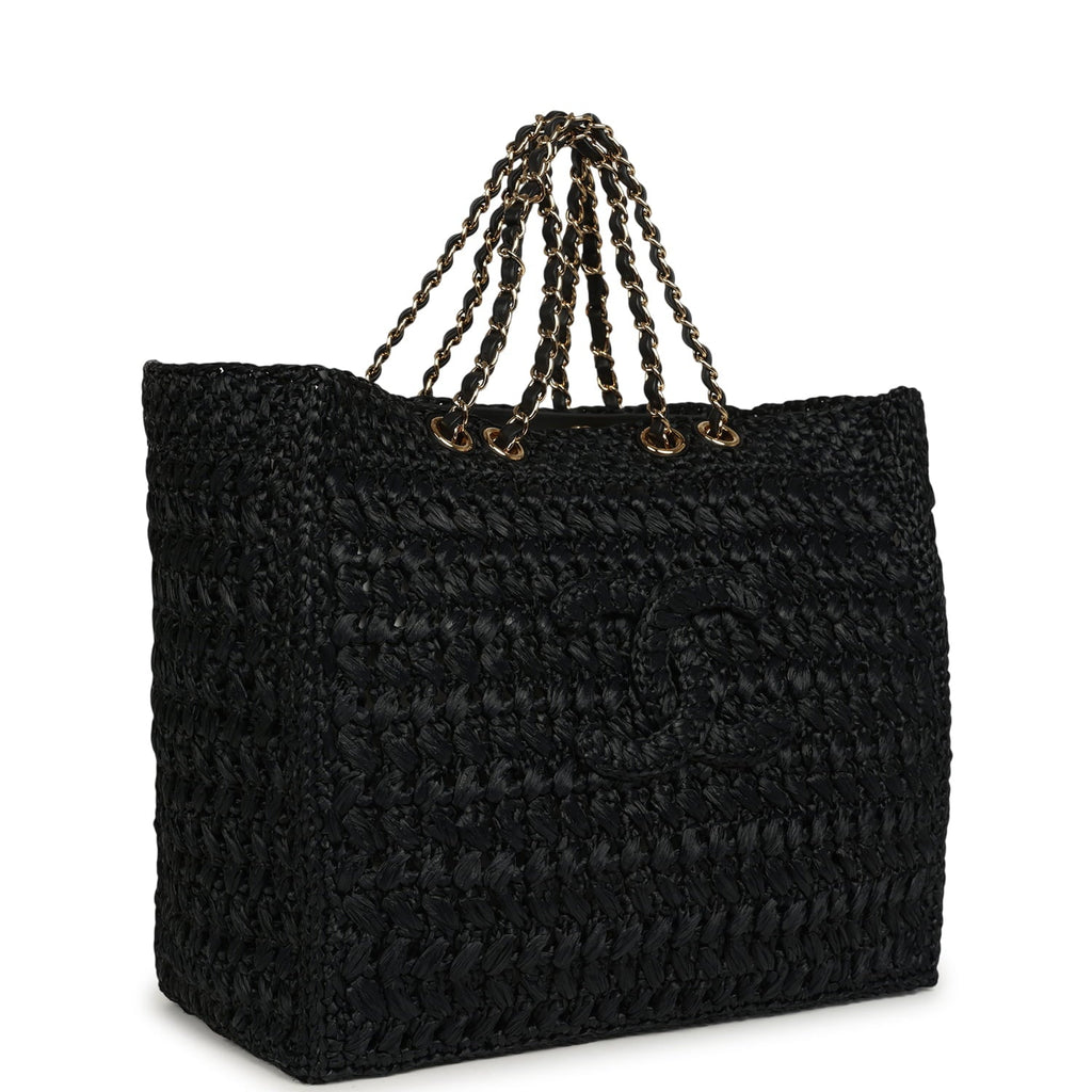 Chanel Coco Beach CC Shopping Tote Black Raffia and Calfskin Gold Hardware