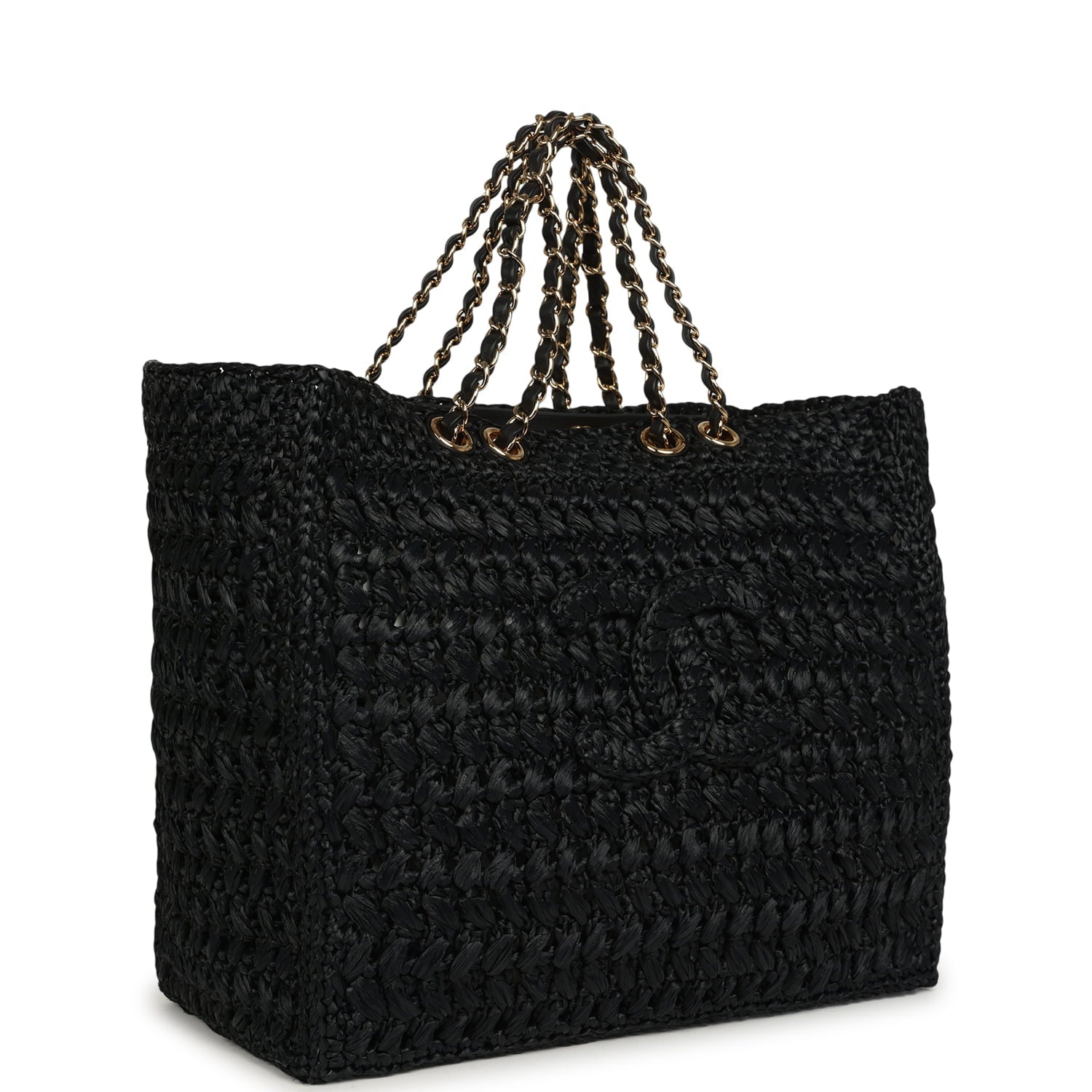 Chanel Coco Beach CC Shopping Tote Black Raffia and Calfskin Gold Hardware