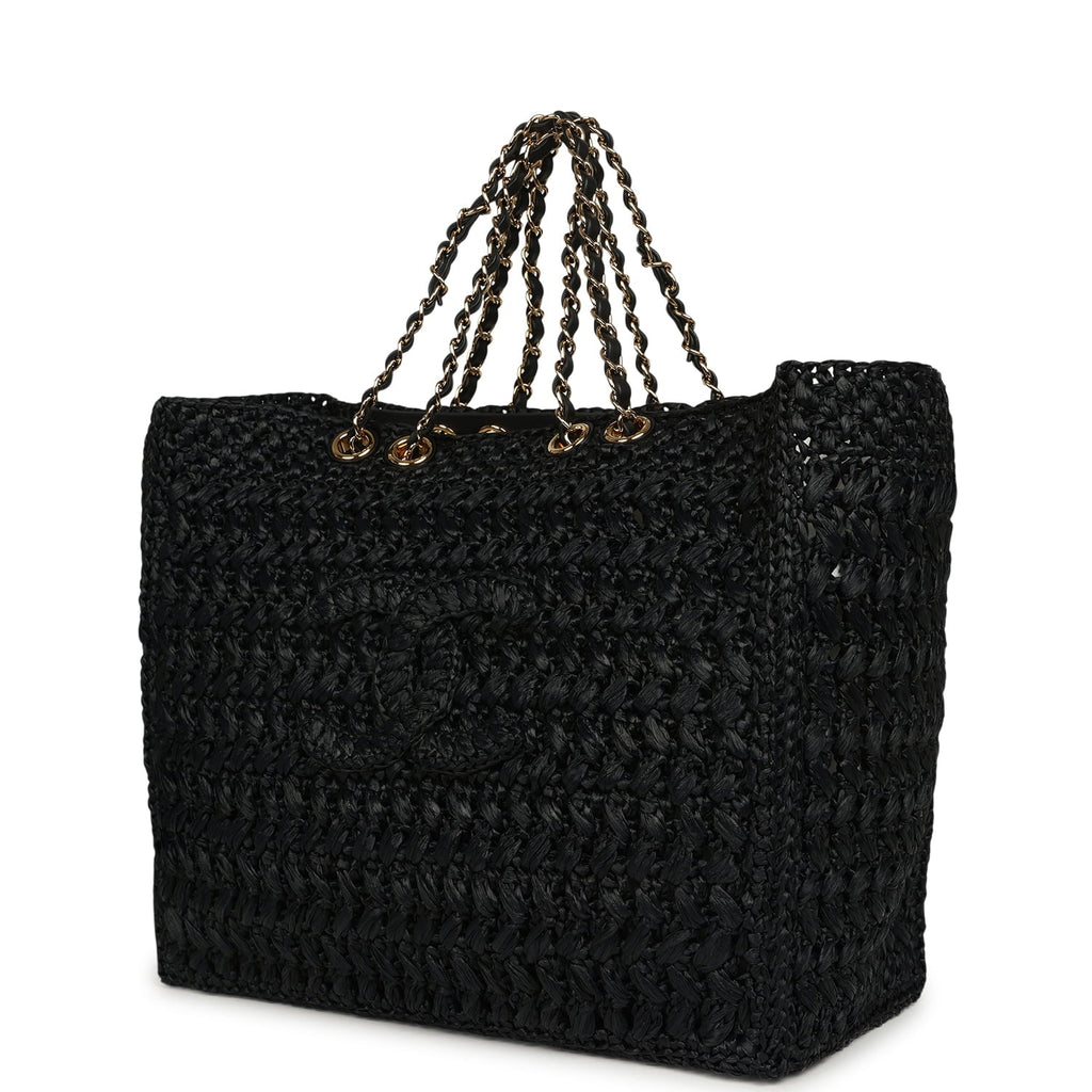 Chanel Coco Beach CC Shopping Tote Black Raffia and Calfskin Gold Hardware