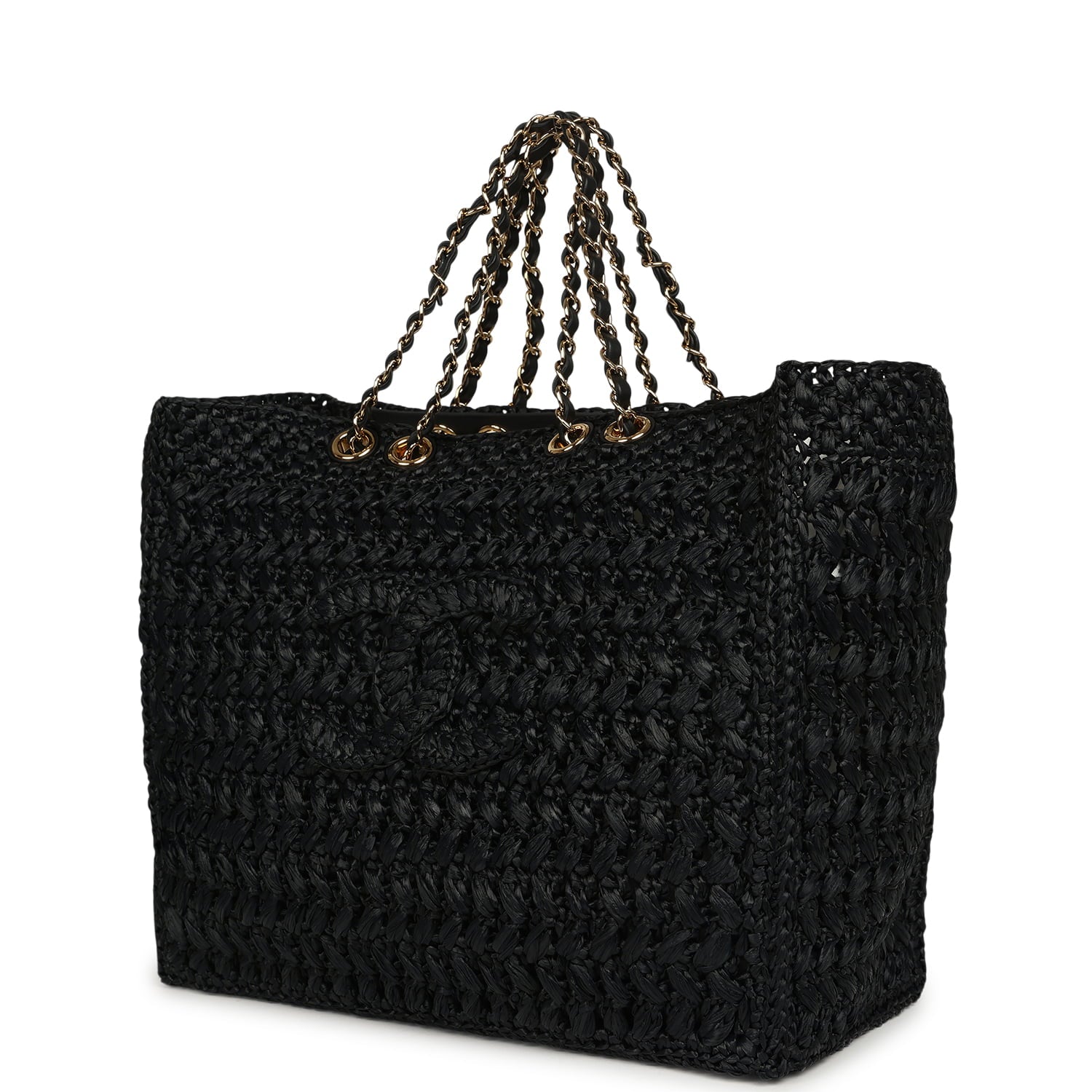 Chanel Coco Beach CC Shopping Tote Black Raffia and Calfskin Gold Hardware