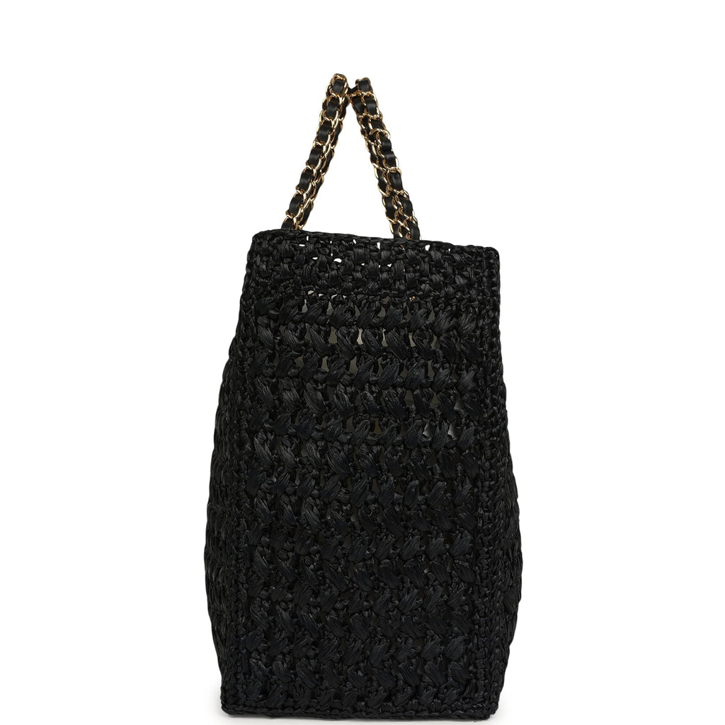 Chanel Coco Beach CC Shopping Tote Black Raffia and Calfskin Gold Hardware