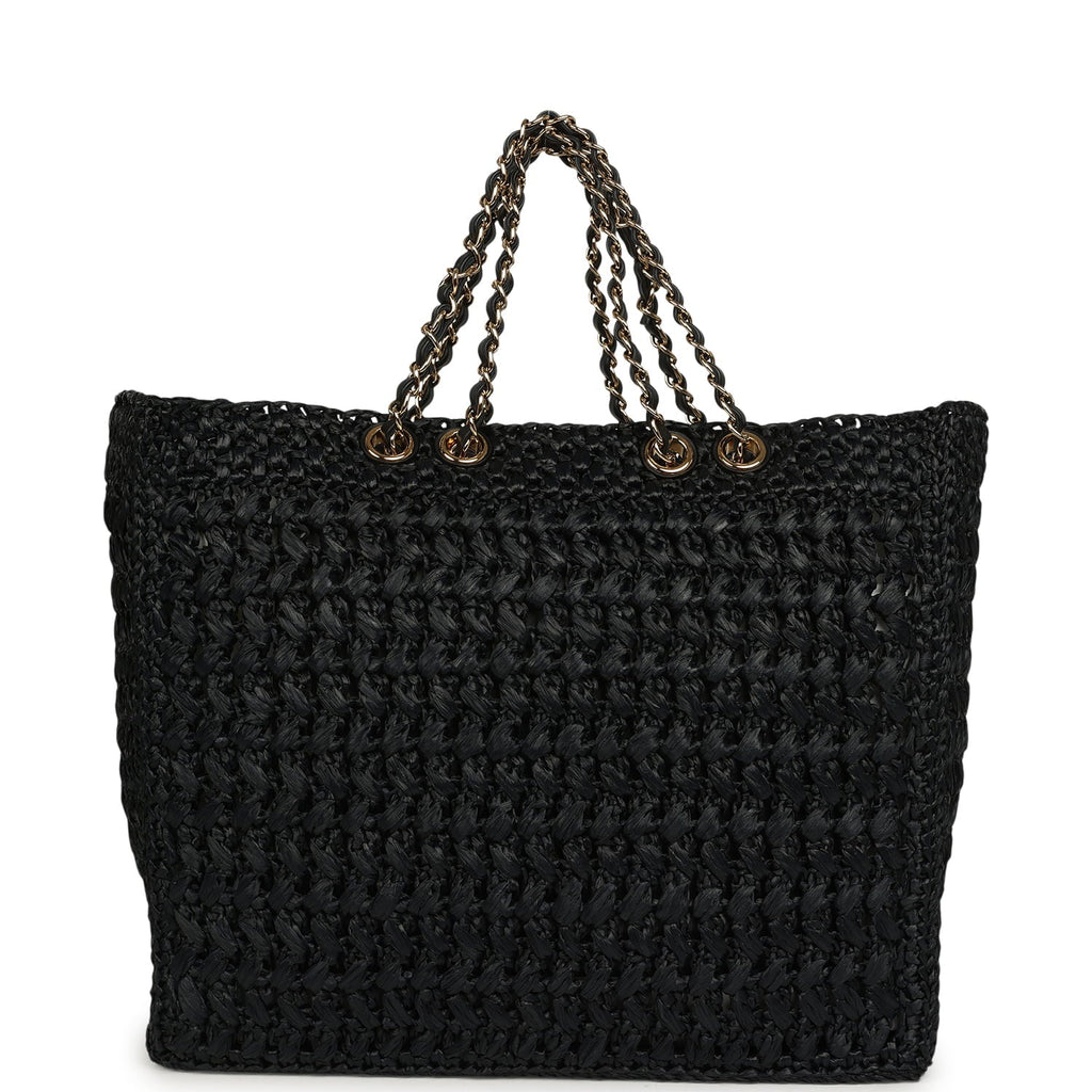 Chanel Coco Beach CC Shopping Tote Black Raffia and Calfskin Gold Hardware