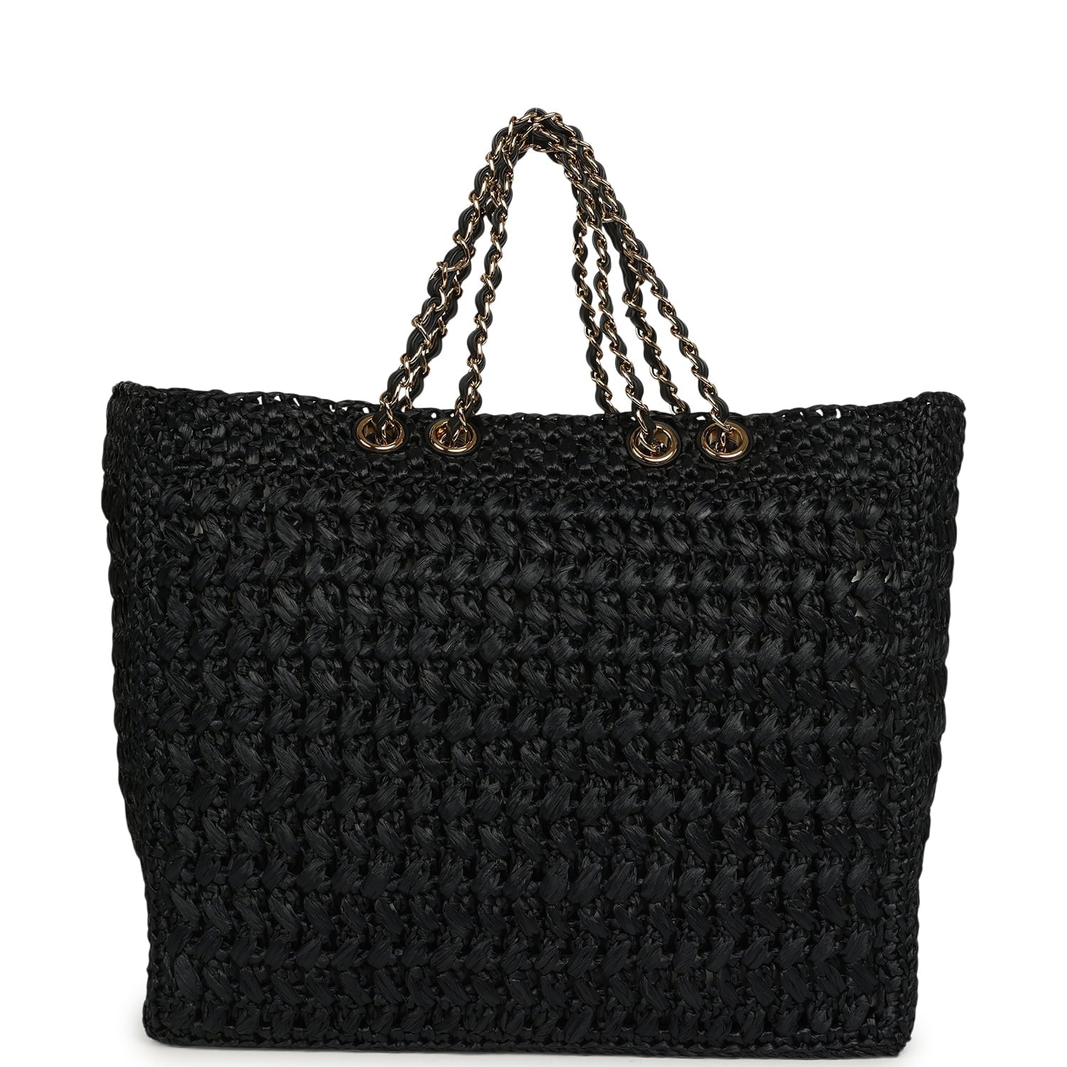 Chanel Coco Beach CC Shopping Tote Black Raffia and Calfskin Gold Hardware