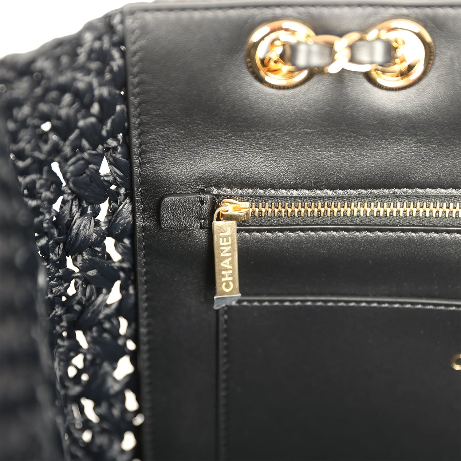 Chanel Coco Beach CC Shopping Tote Black Raffia and Calfskin Gold Hardware