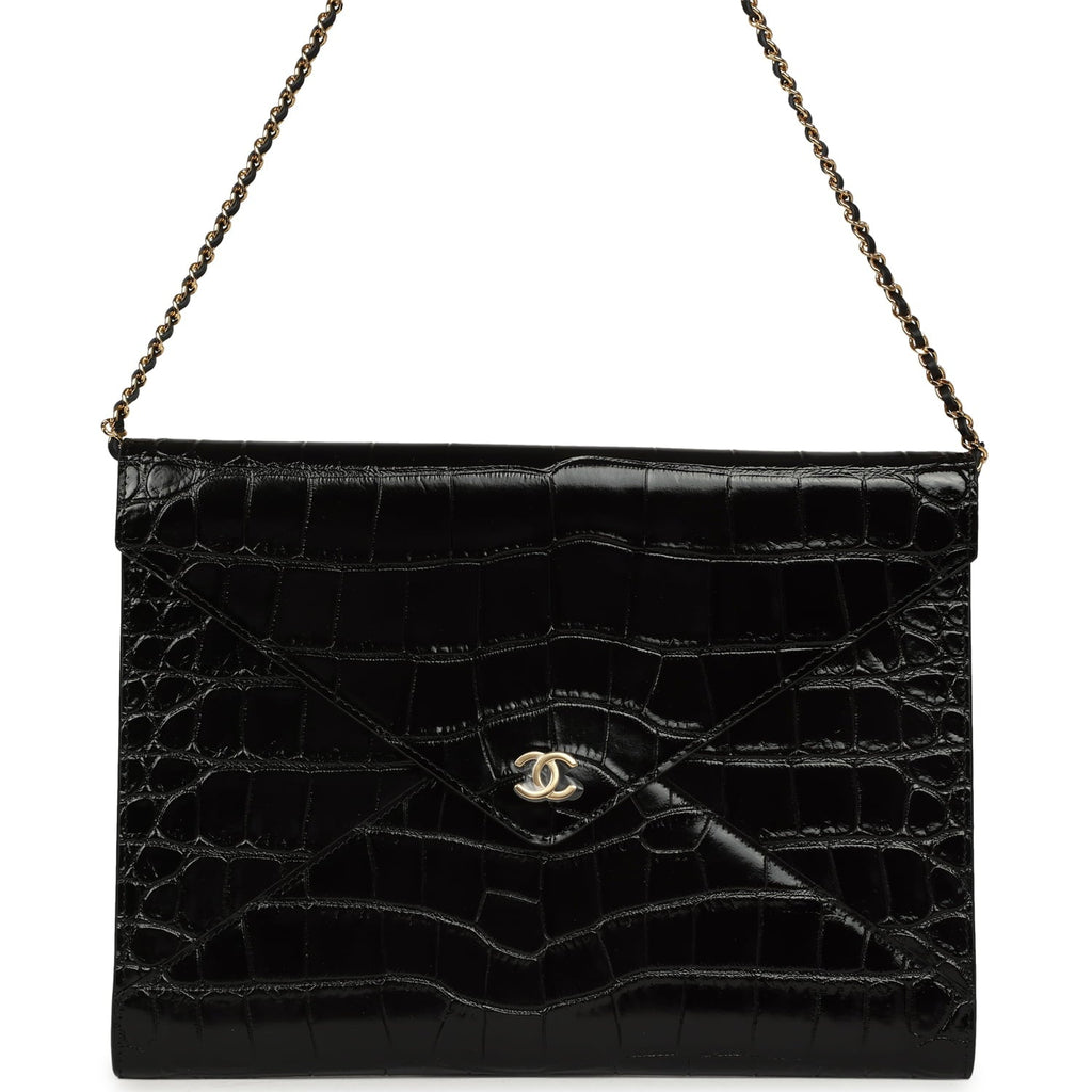 Chanel Envelope Clutch with Chain Black Croc Embossed Calfskin Gold Hardware
